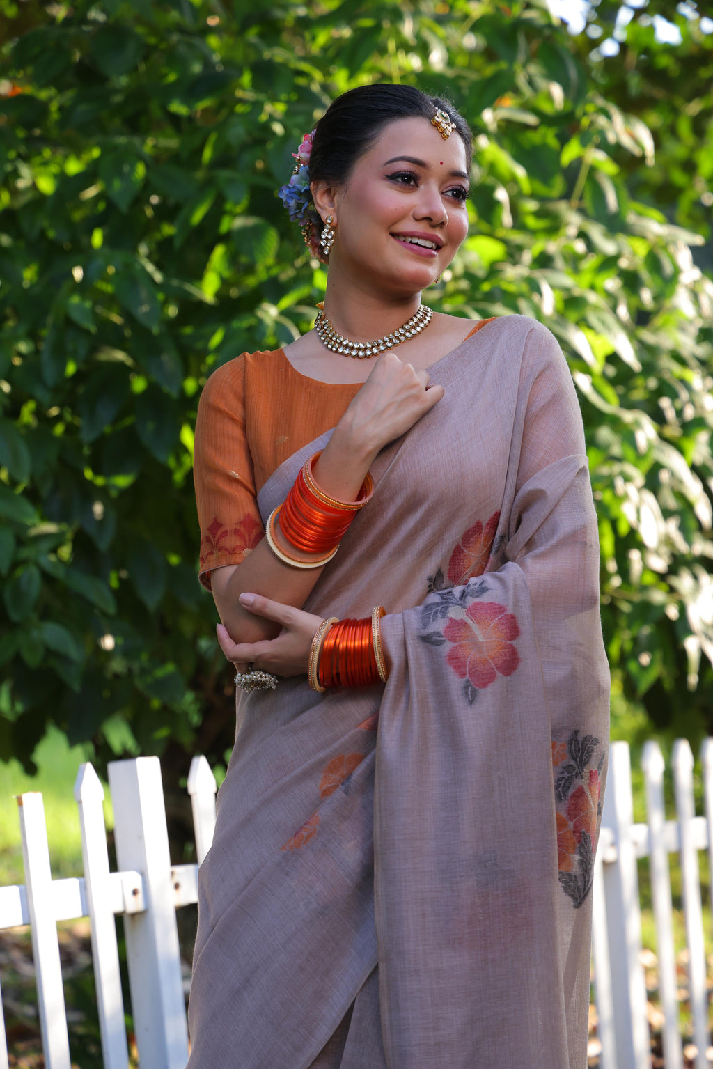 Grey Soft Muga Cotton Resham Jamdani Weaving Traditional Saree