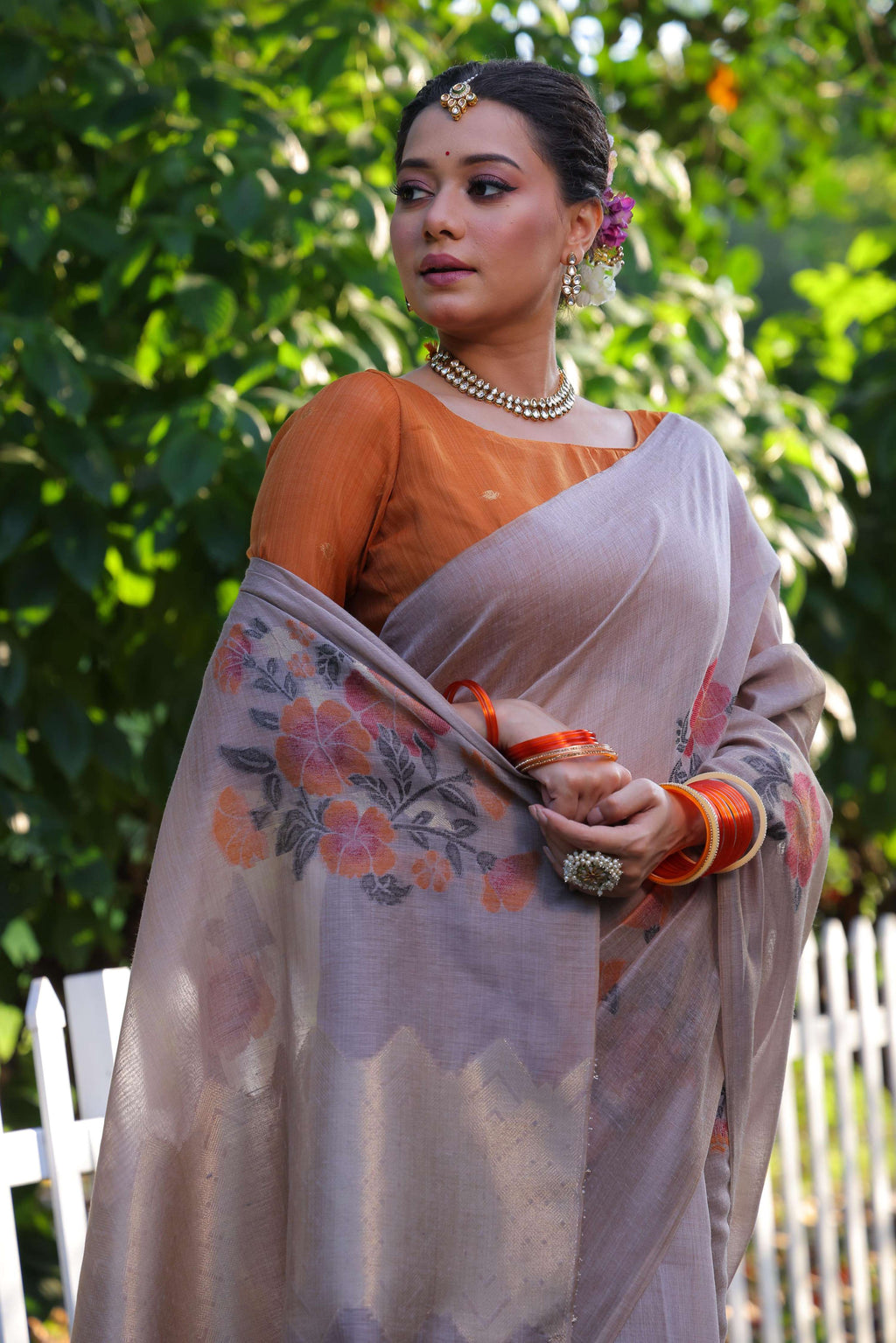 Grey Soft Muga Cotton Resham Jamdani Weaving Traditional Saree