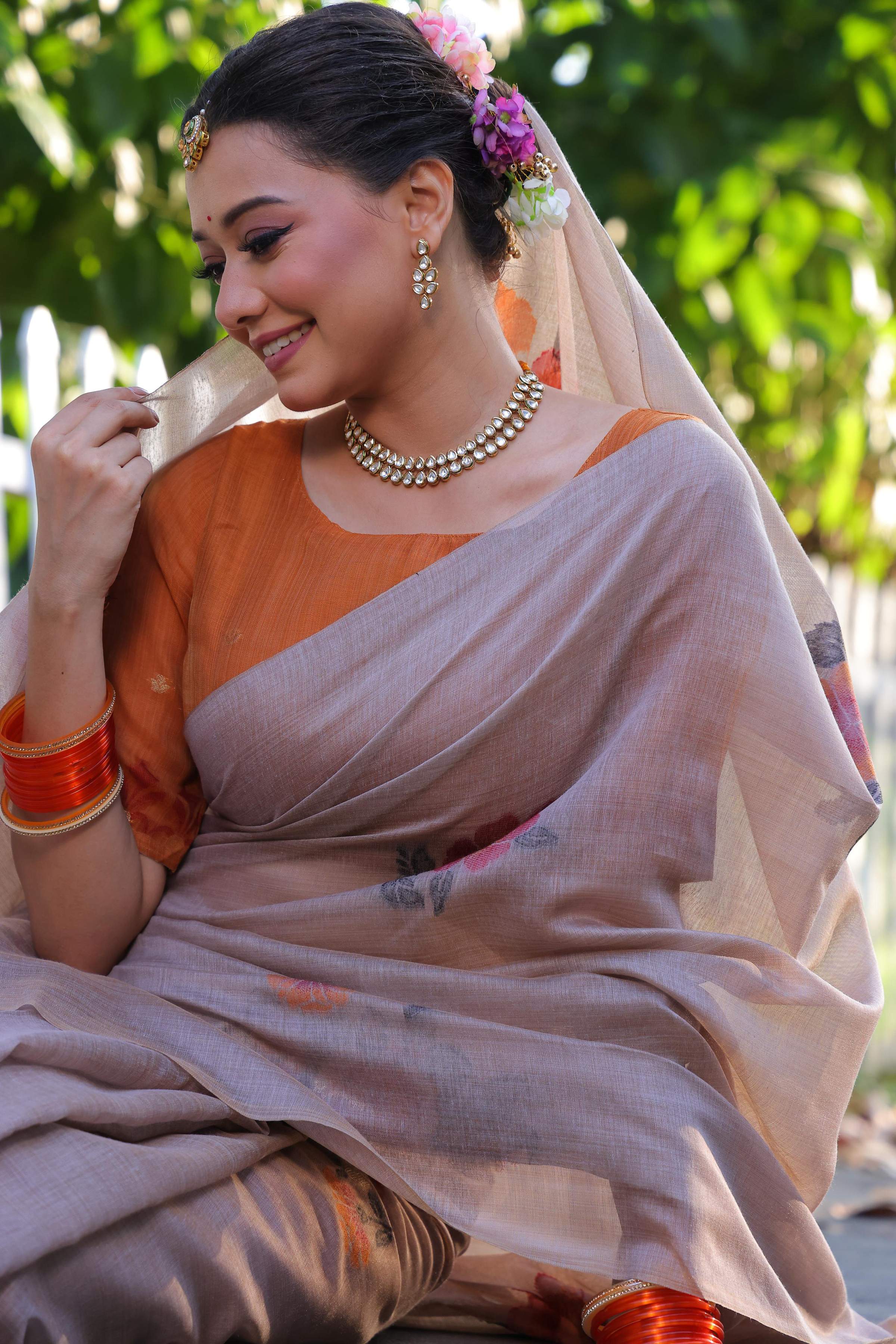 Grey Soft Muga Cotton Resham Jamdani Weaving Traditional Saree