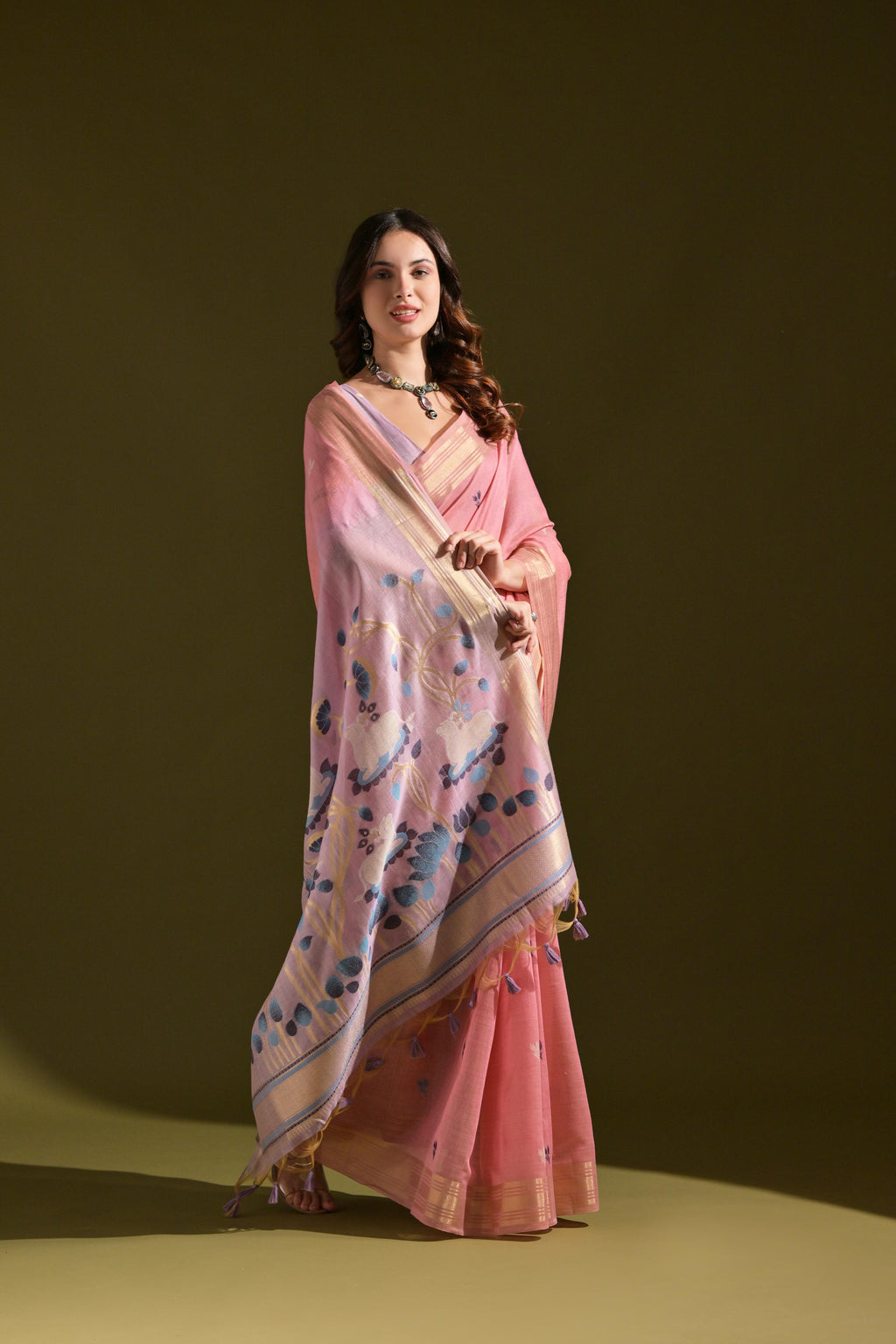 Baby Pink Soft Muga Cotton Saree with Traditional Resham Zari Work