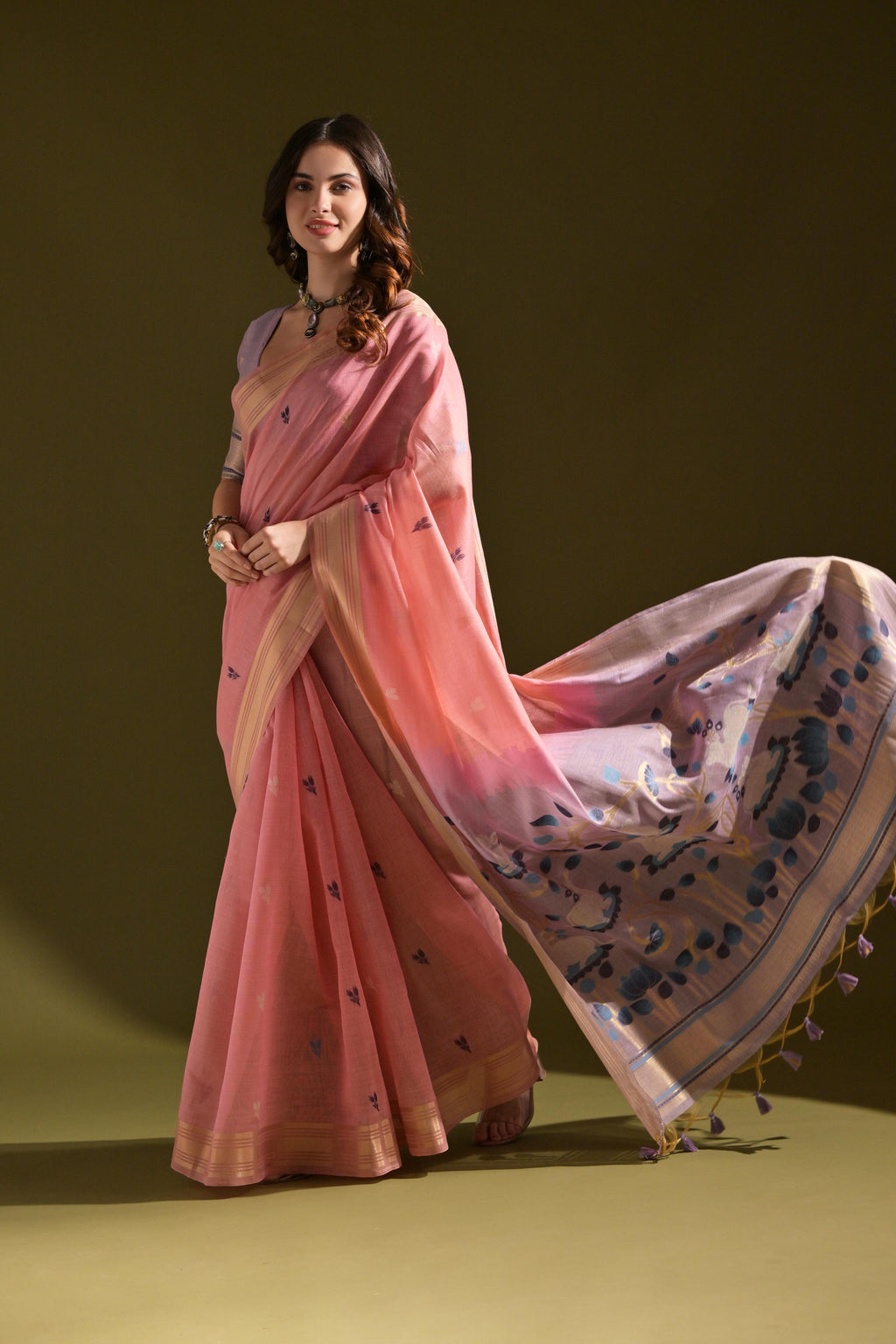 Baby Pink Soft Muga Cotton Saree with Traditional Resham Zari Work