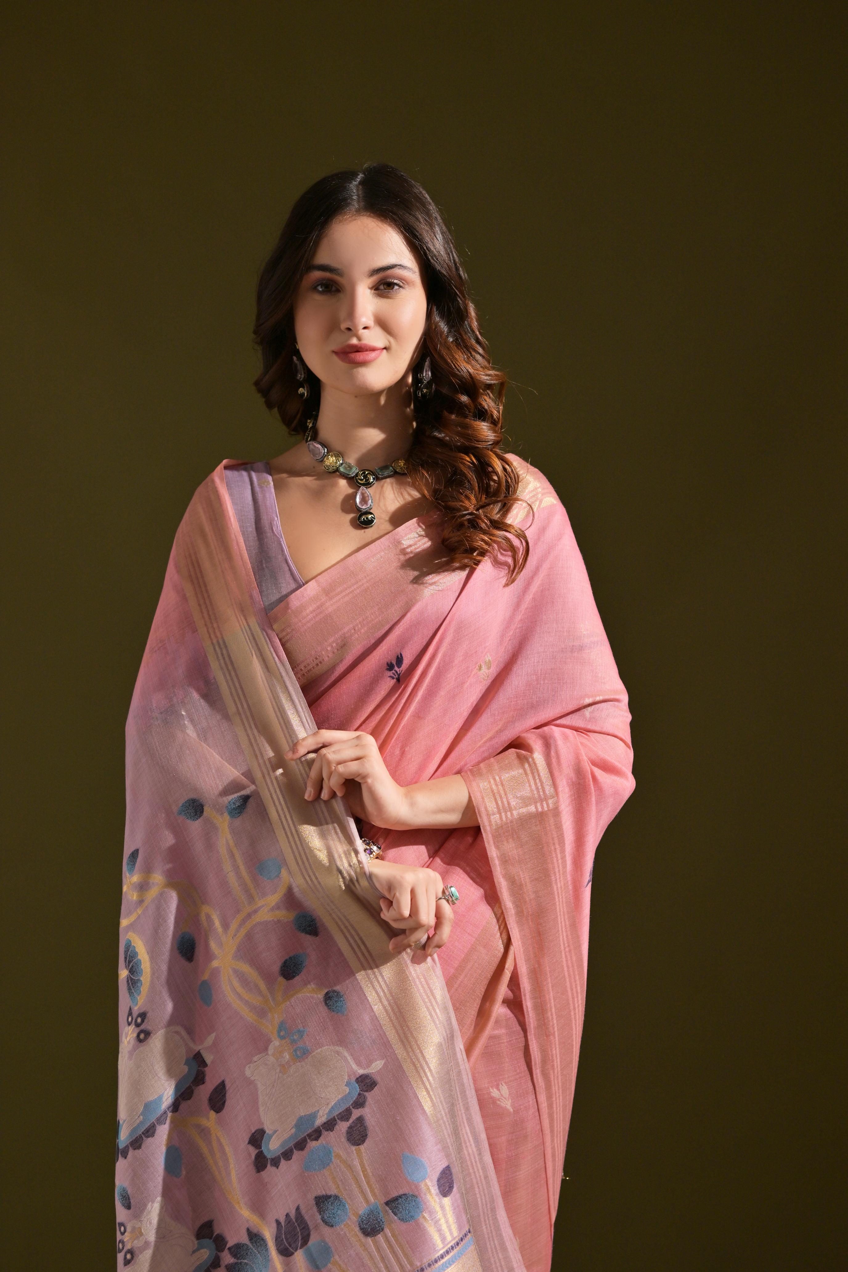 Baby Pink Soft Muga Cotton Saree with Traditional Resham Zari Work