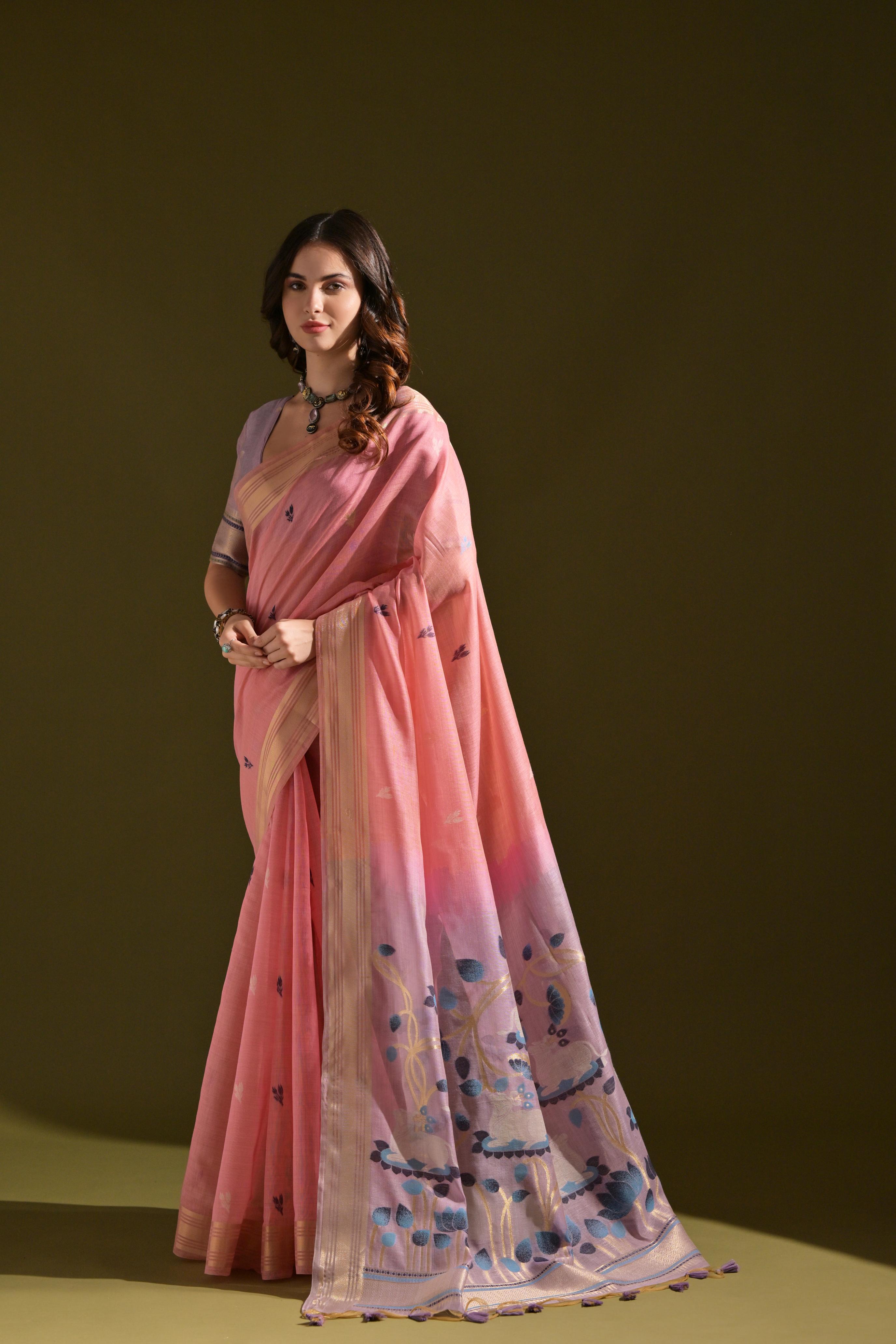 Baby Pink Muga Cotton traditional saree with Resham Zari weaving and purple unstitched blouse