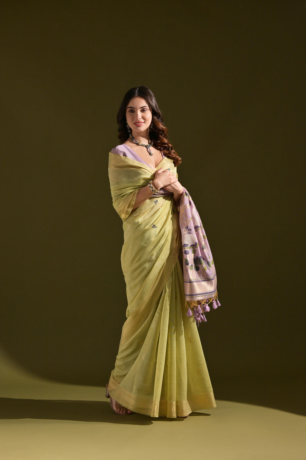 Green Soft Muga Cotton Resham Zari Weaving Saree with Blouse
