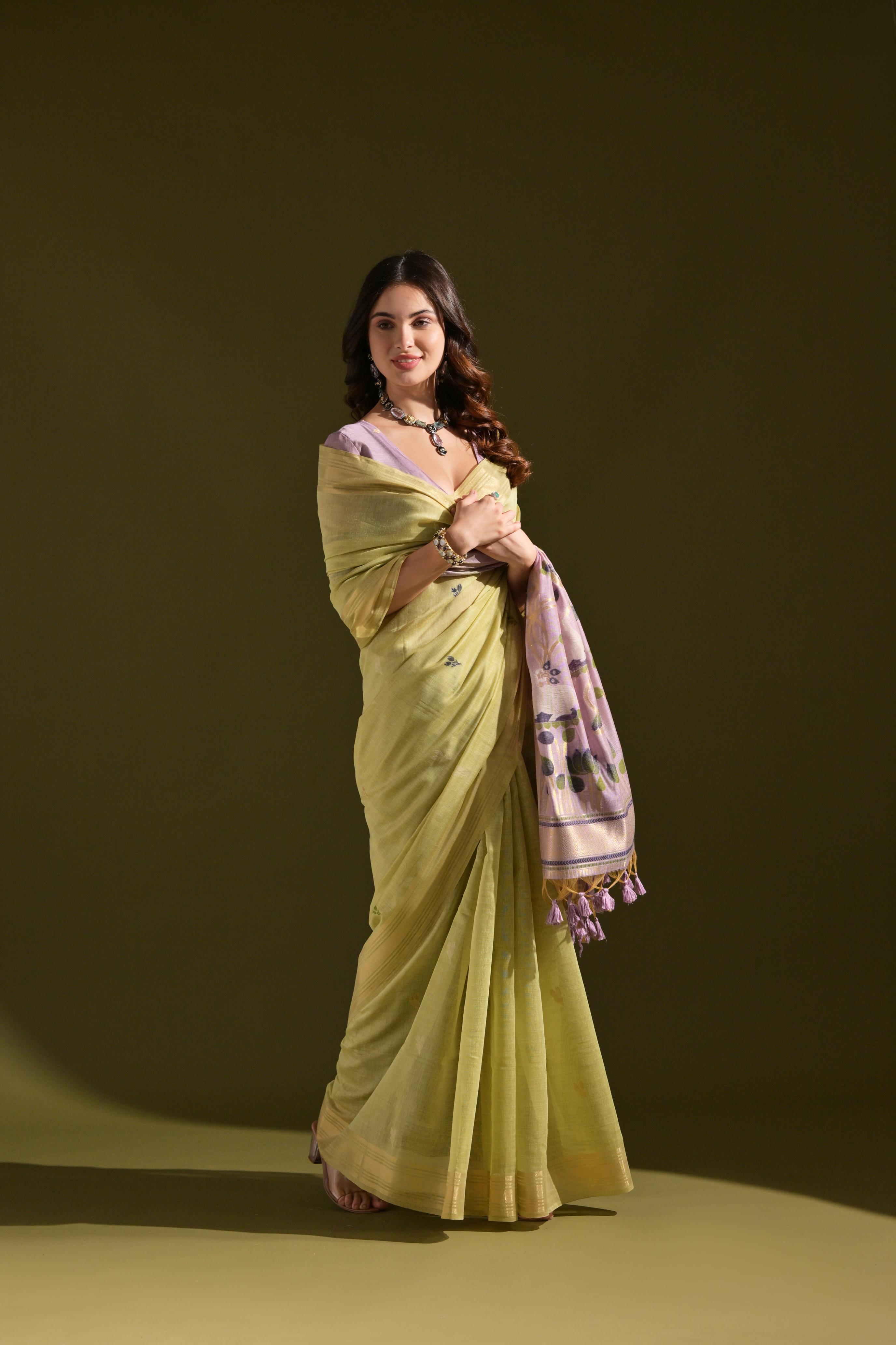 Green Soft Muga Cotton Resham Zari Weaving Saree with Blouse