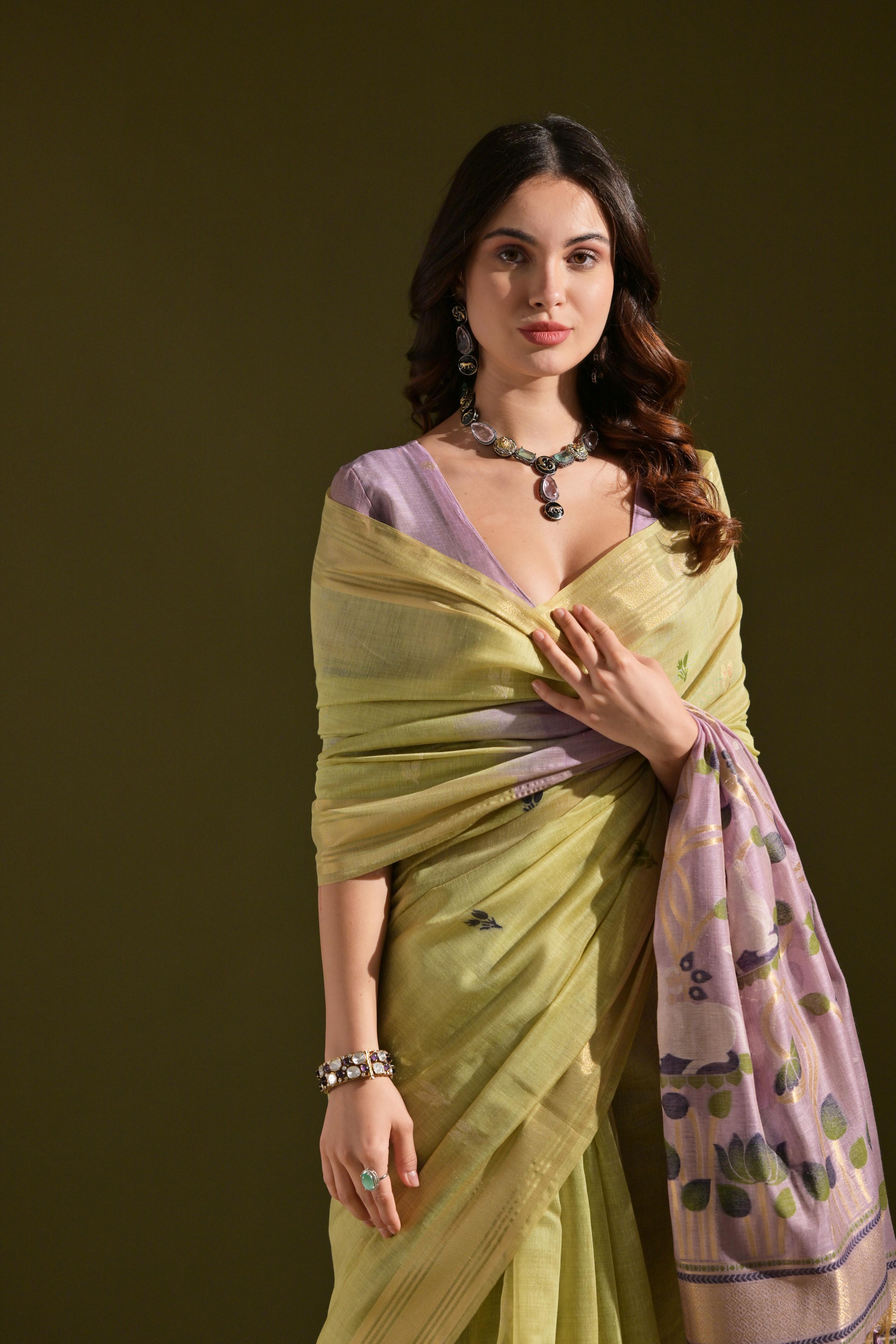 Green Soft Muga Cotton Resham Zari Weaving Saree with Blouse