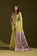 Green soft Muga cotton saree with intricate Resham and Zari weaving and matching blouse