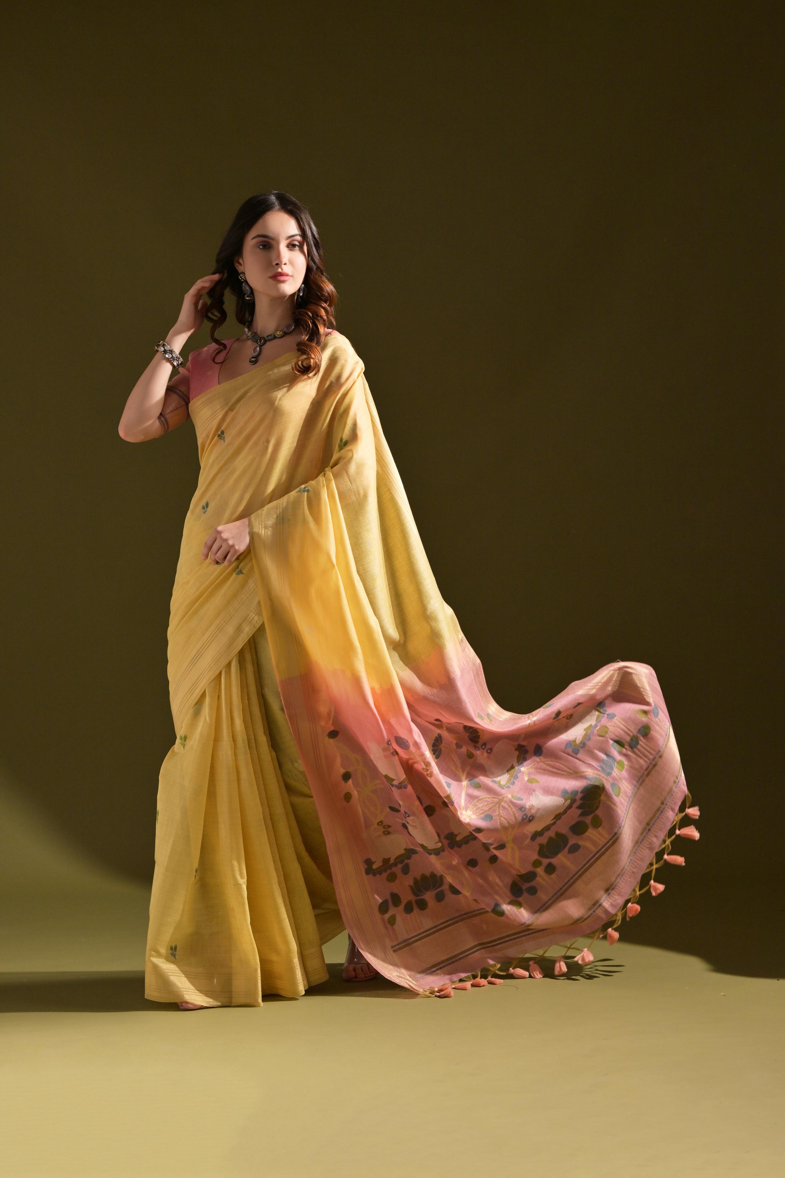 Yellow Soft Muga Cotton Traditional Saree with Resham Zari Weaving