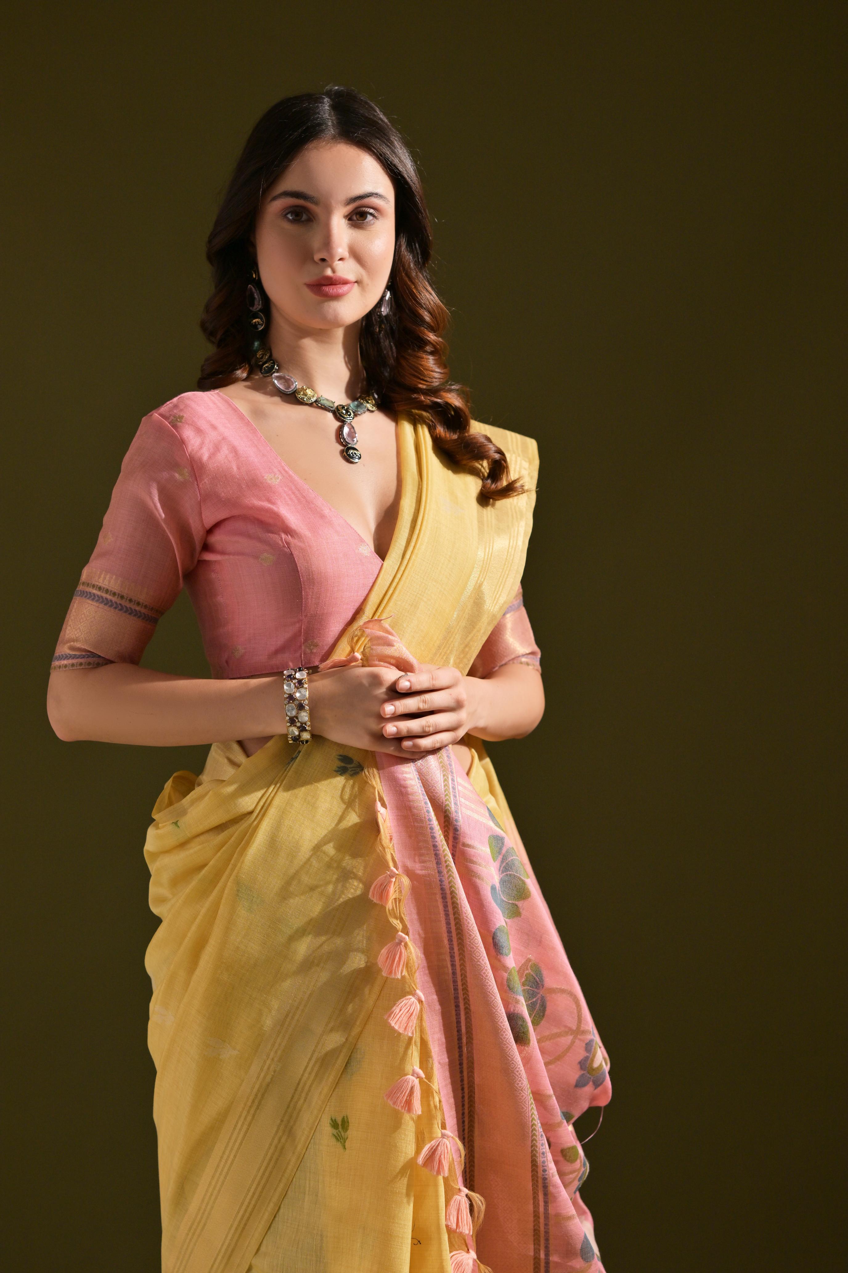 Yellow Soft Muga Cotton Traditional Saree with Resham Zari Weaving