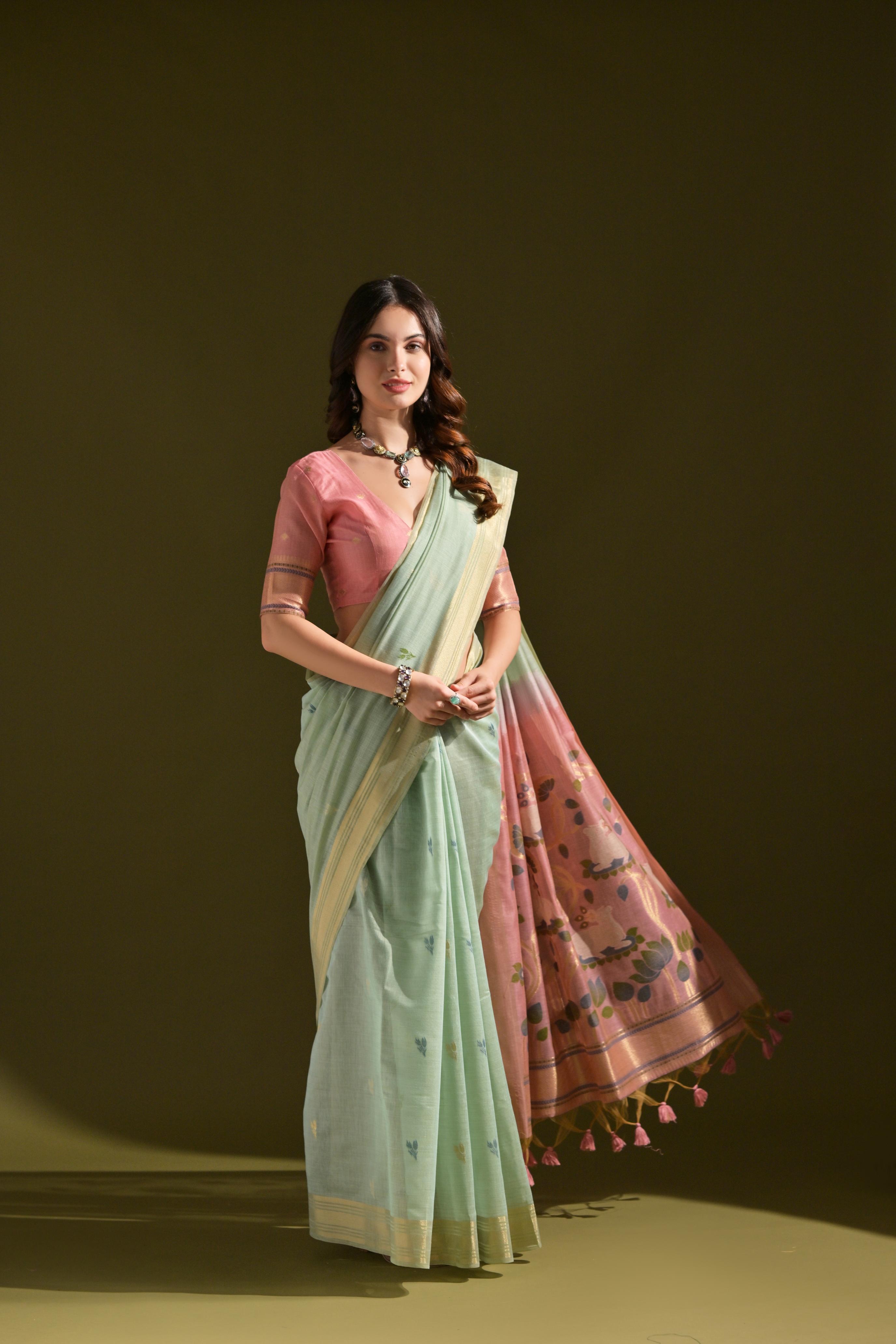 Jyoti Fashion Women's Sky Blue Soft Muga Cotton Resham Zari Weaving Traditional Saree with Blouse