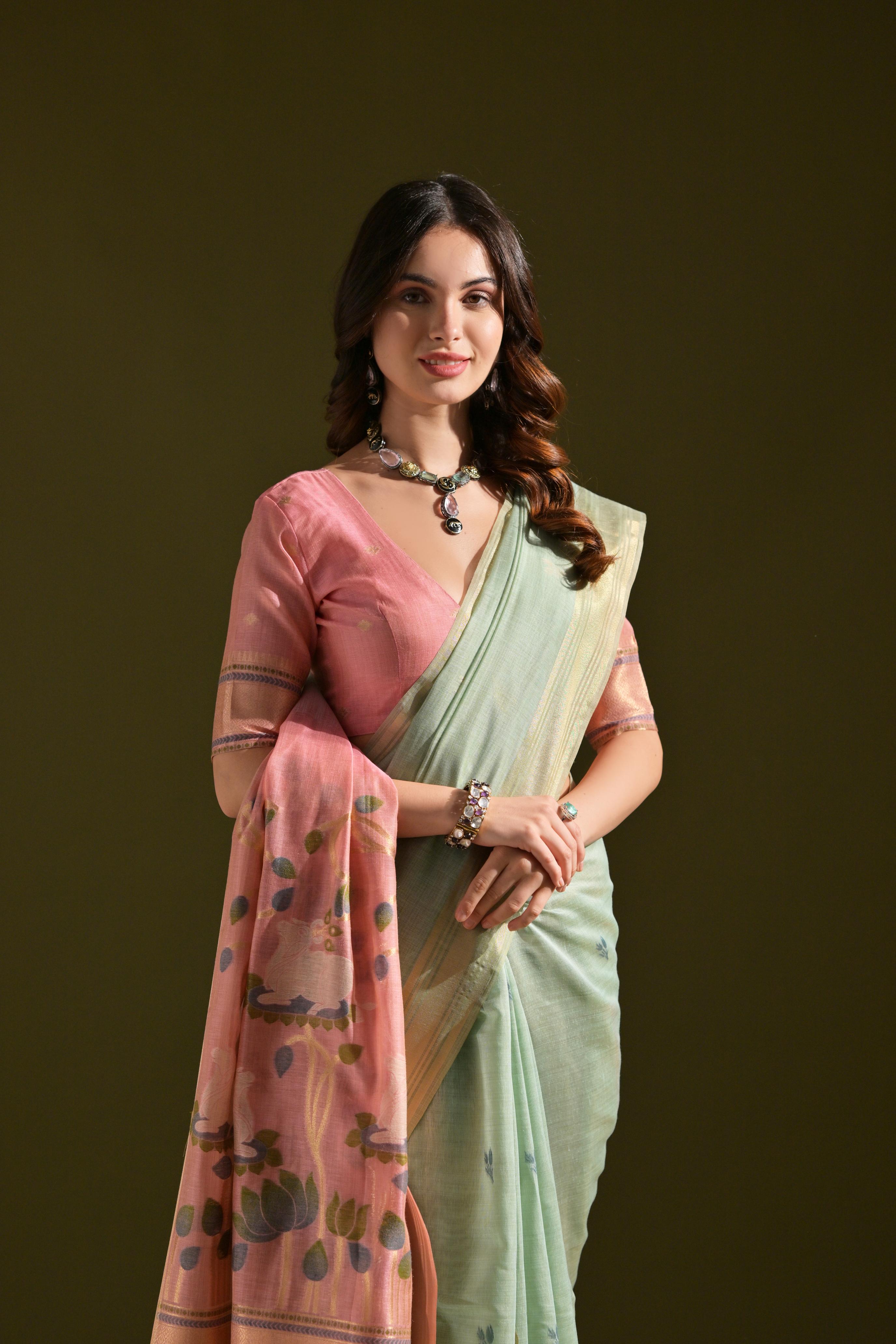 Jyoti Fashion Women's Sky Blue Soft Muga Cotton Resham Zari Weaving Traditional Saree with Blouse