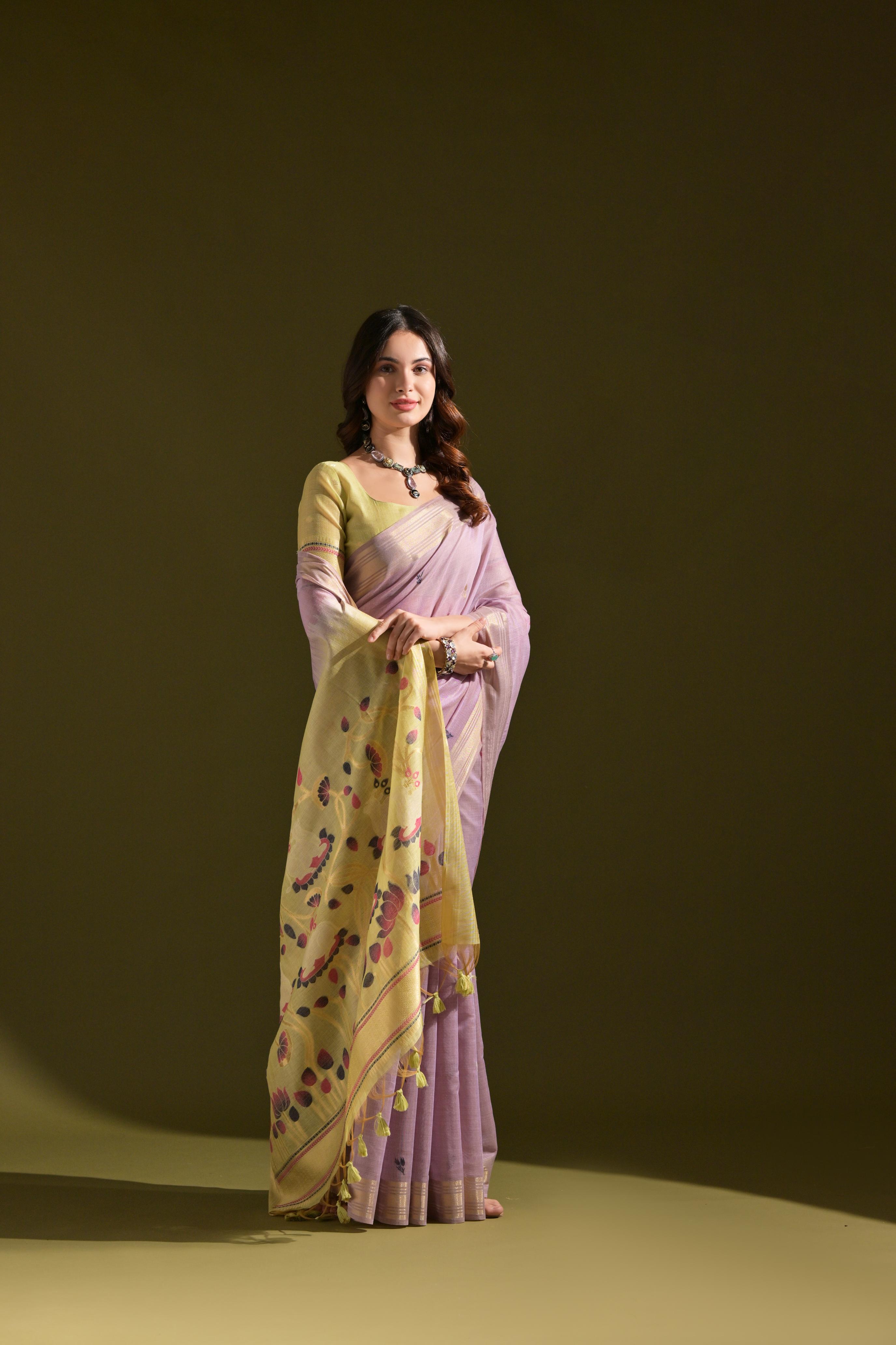 Purple Soft Muga Cotton Resham Zari Weaving Saree