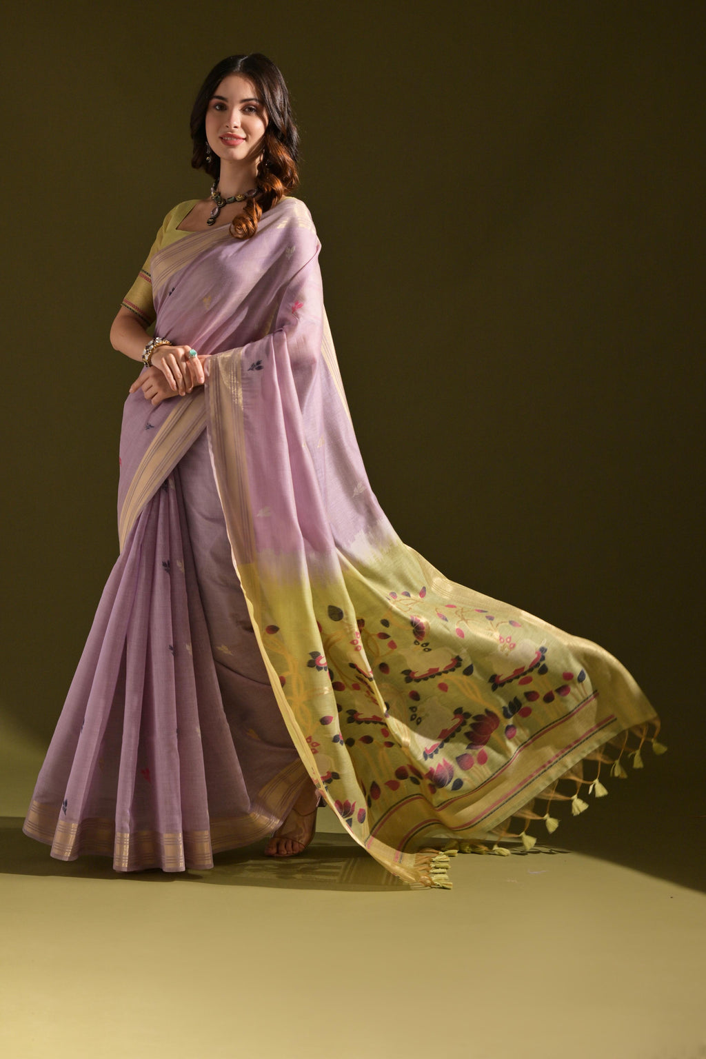 Purple Soft Muga Cotton Resham Zari Weaving Saree