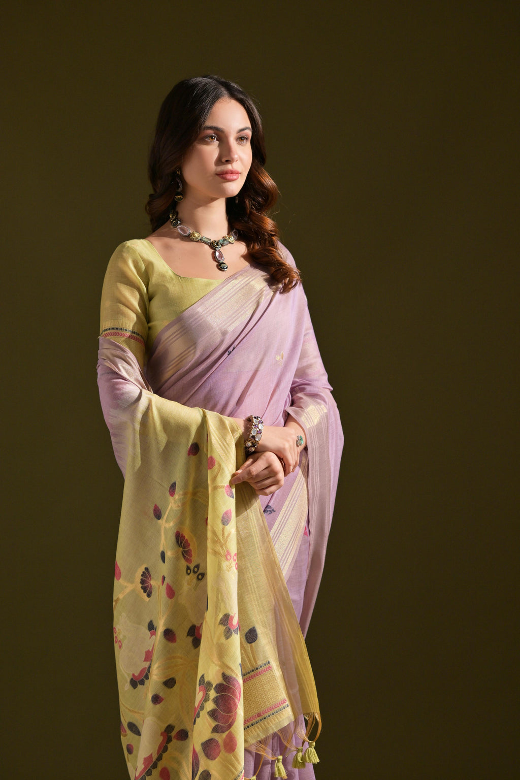 Purple Soft Muga Cotton Resham Zari Weaving Saree