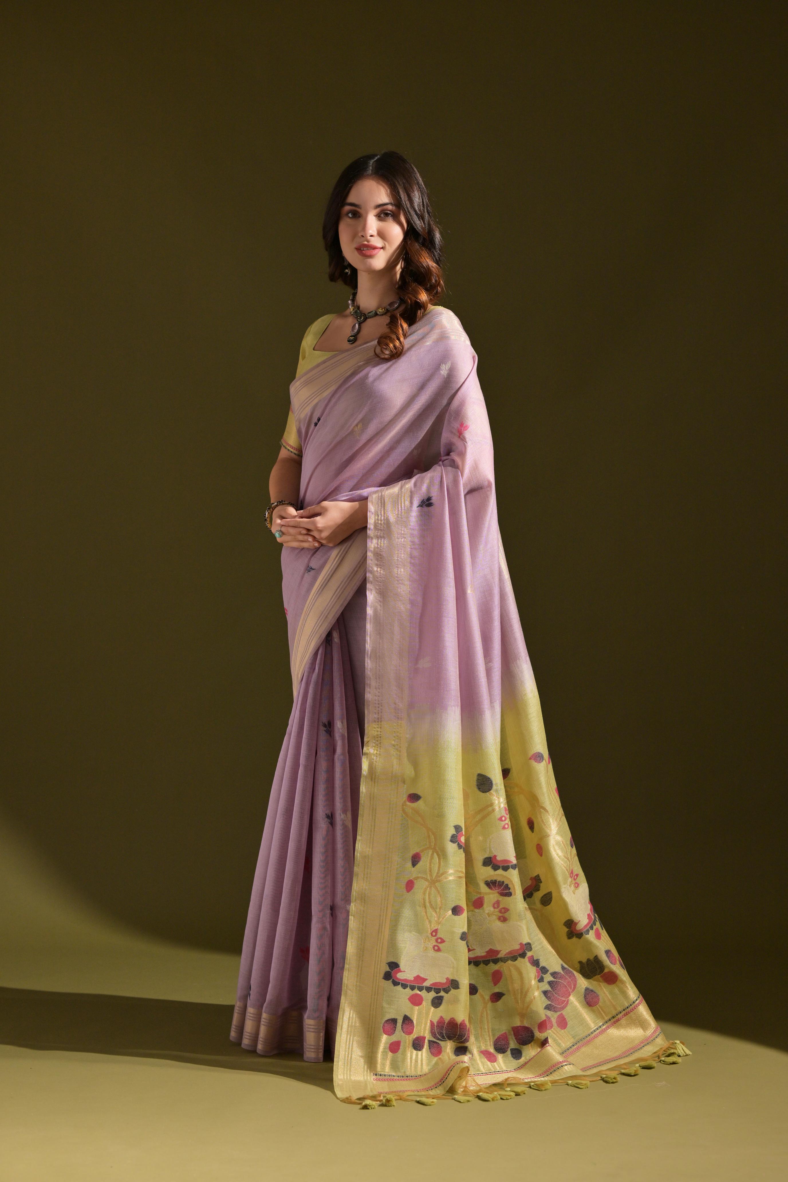 Purple Soft Muga Cotton Resham Zari Weaving Saree