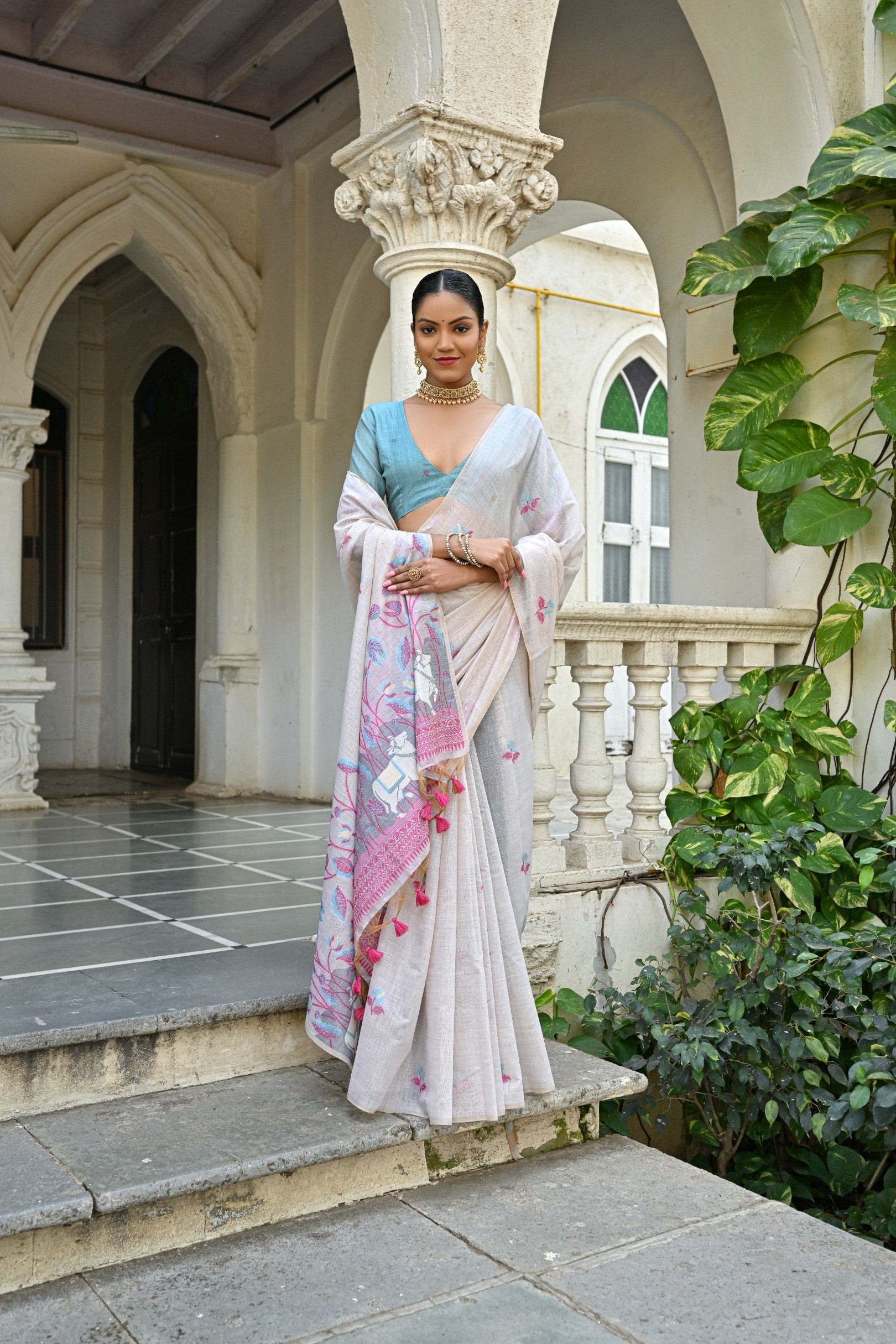 Jyoti Fashion Women's Pink Soft Muga Cotton Floral Weaving Traditional Saree with Blouse