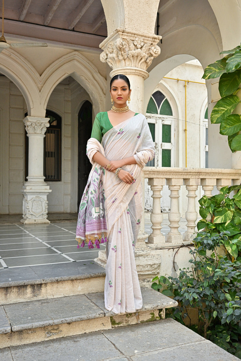 Women's Wine Soft Muga Cotton Saree with Floral Weaving & Blouse
