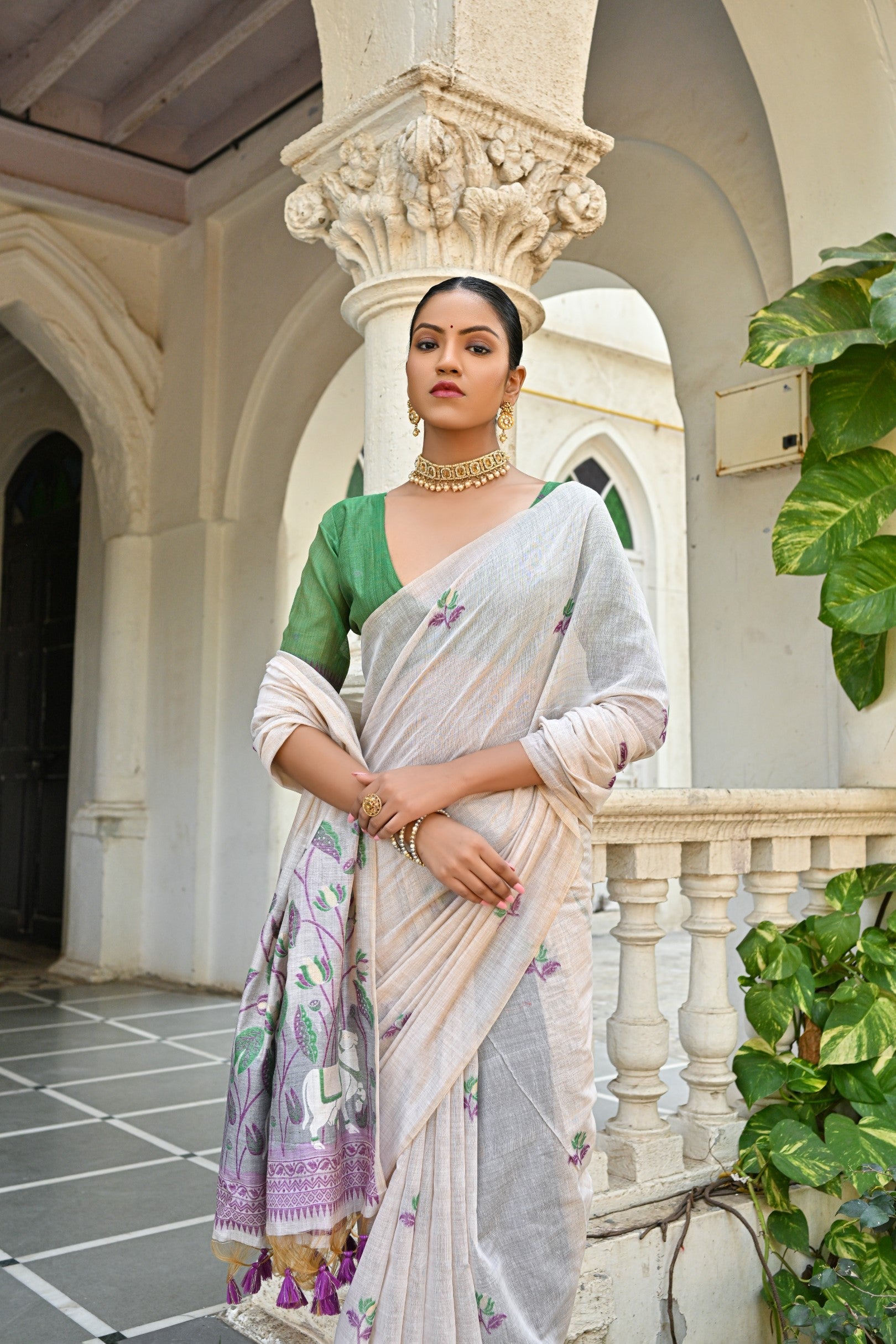 Women's Wine Soft Muga Cotton Saree with Floral Weaving & Blouse