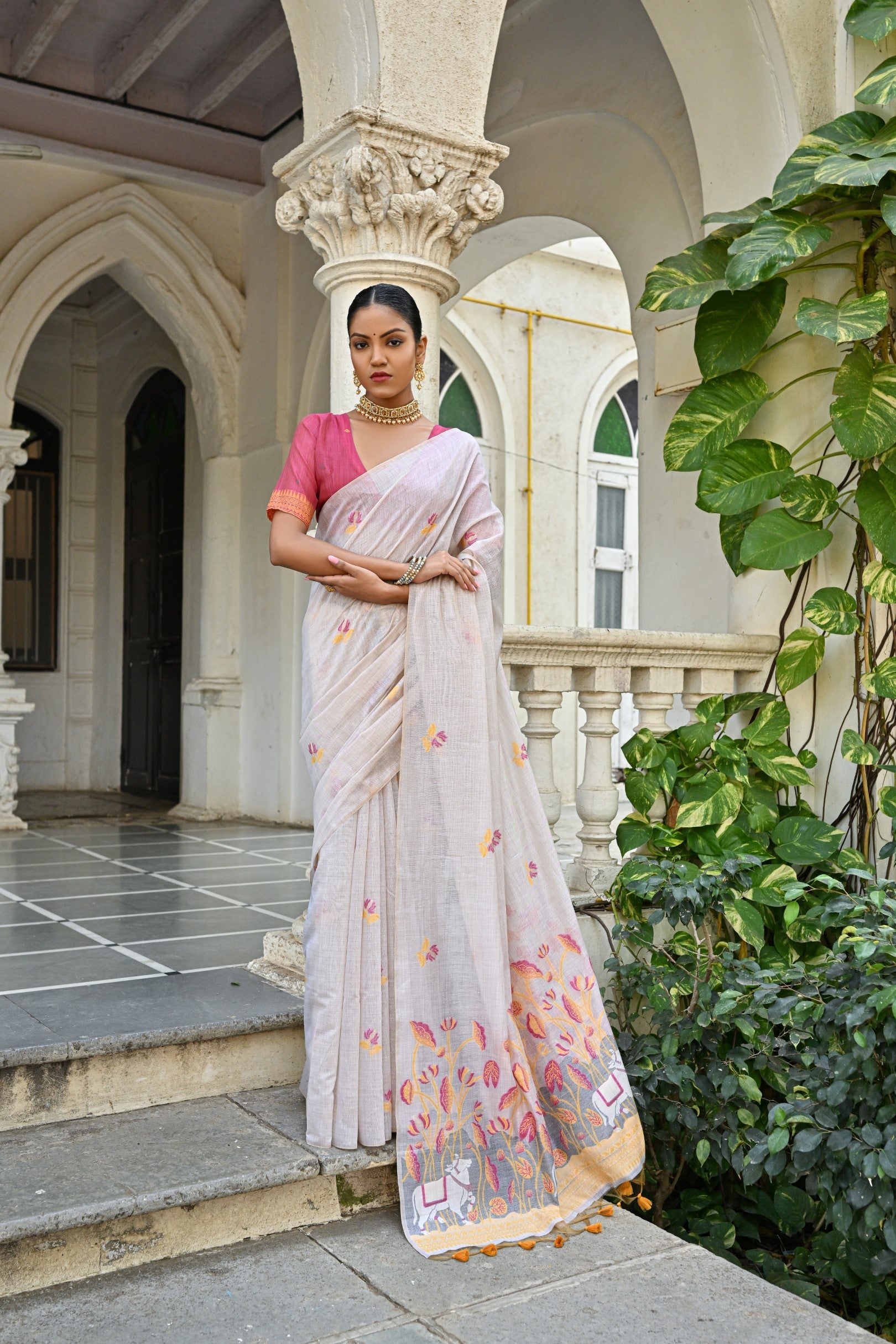 Jyoti Fashion Women's Yellow Soft Muga Cotton Floral Weaving Traditional Saree with Blouse