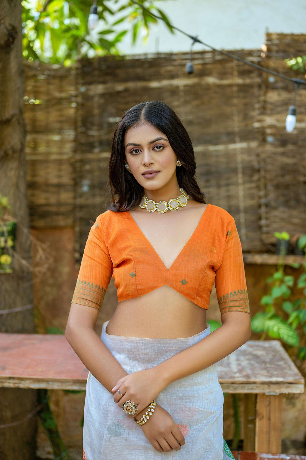 Women's Orange Soft Muga Cotton Saree with Floral Weaving