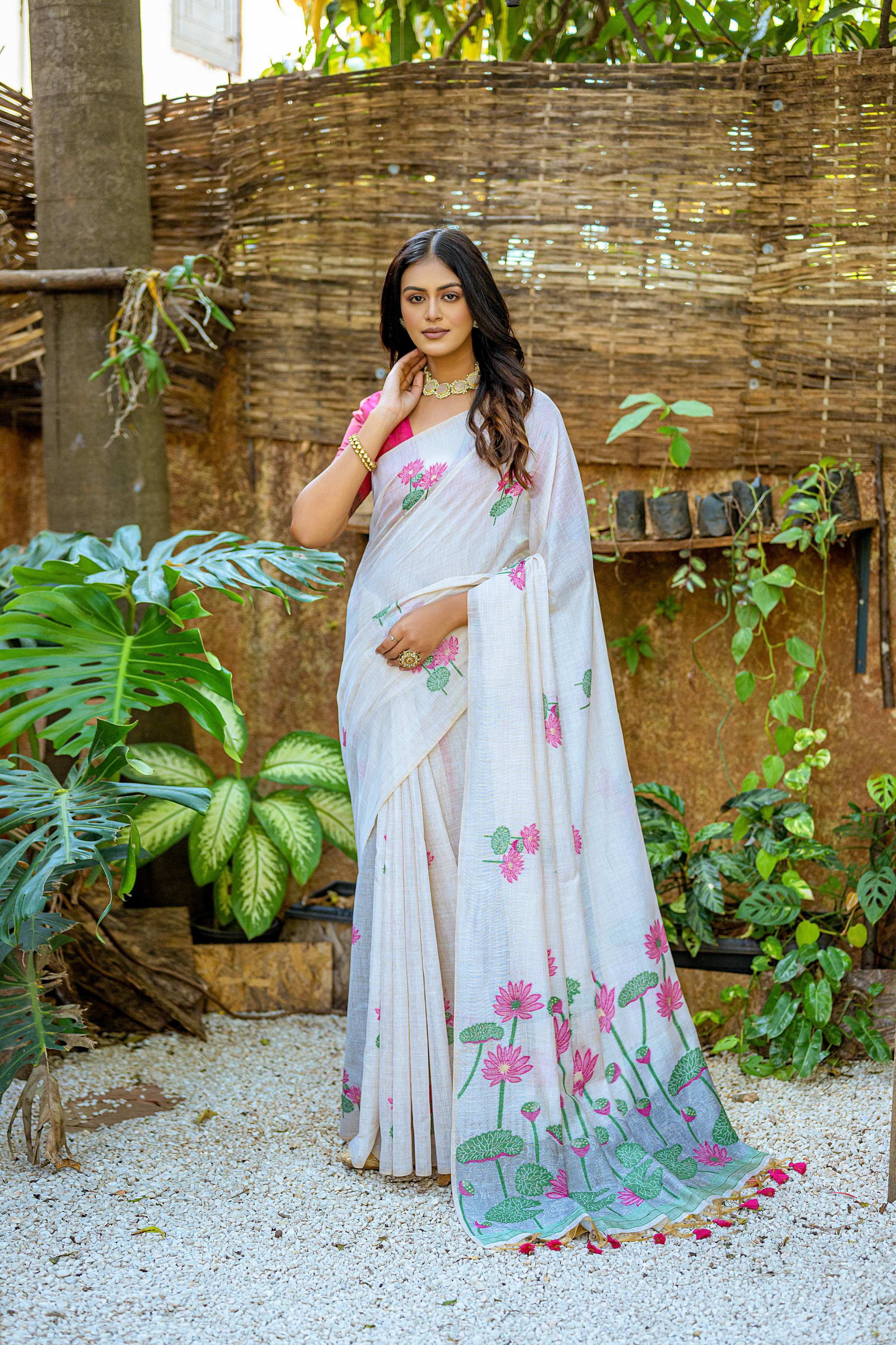 Jyoti Fashion Women's Pink Soft Muga Cotton Floral Weaving Traditional Saree with Blouse