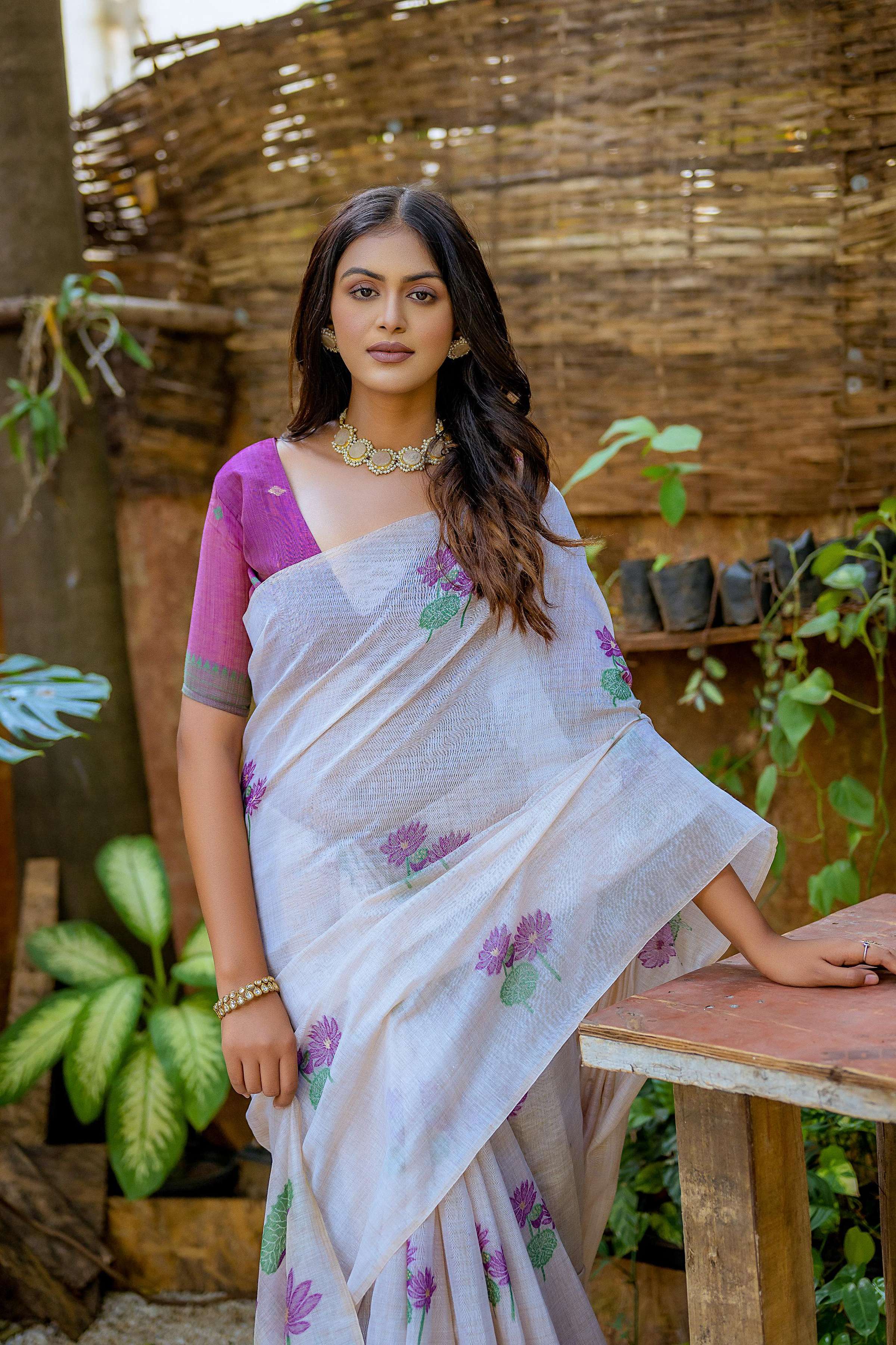 Wine Soft Muga Cotton Floral Weaving Traditional Saree