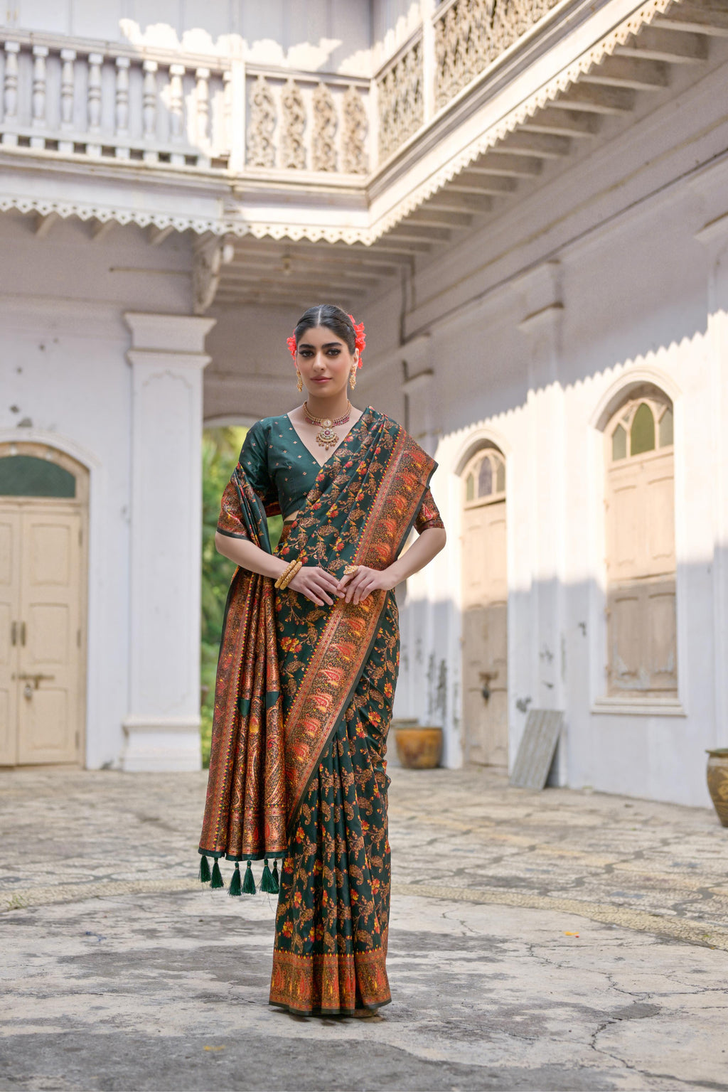 Bottle Green Soft Pashmina Silk Meena Zari Woven Saree with Blouse