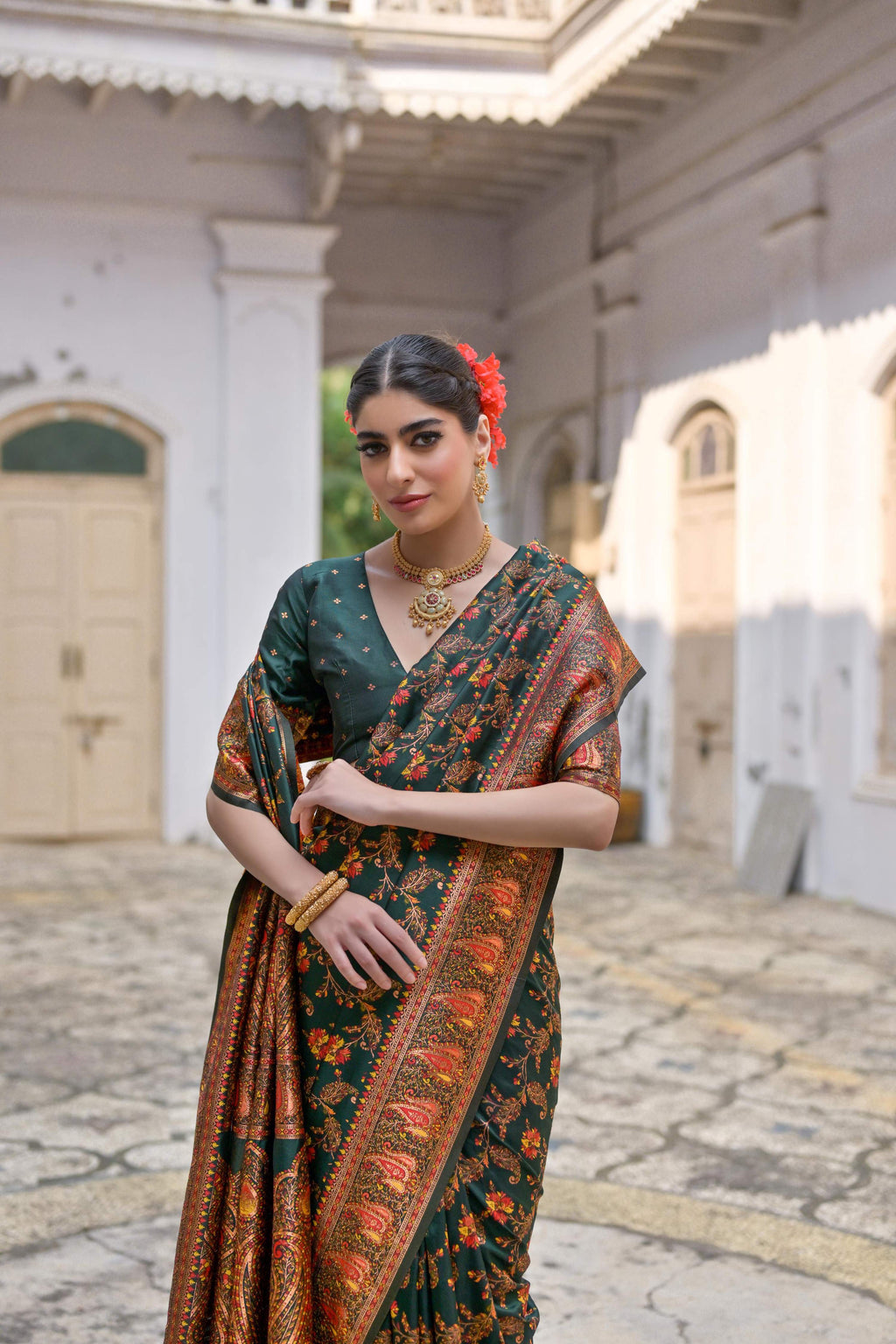 Bottle Green Soft Pashmina Silk Meena Zari Woven Saree with Blouse
