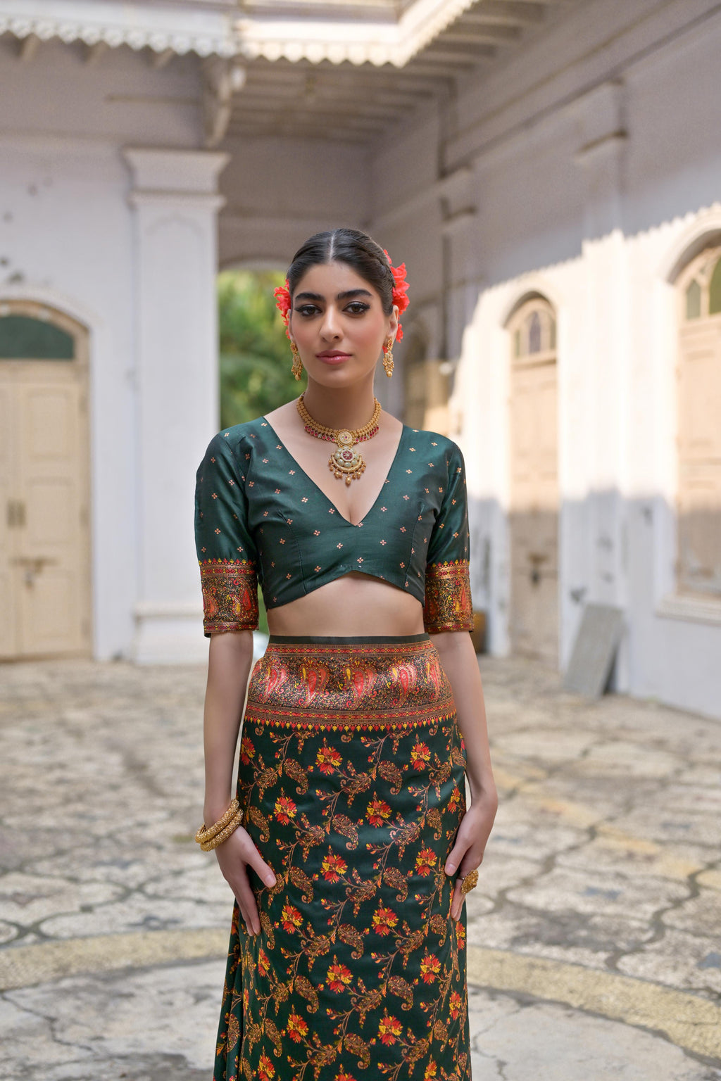 Bottle Green Soft Pashmina Silk Meena Zari Woven Saree with Blouse