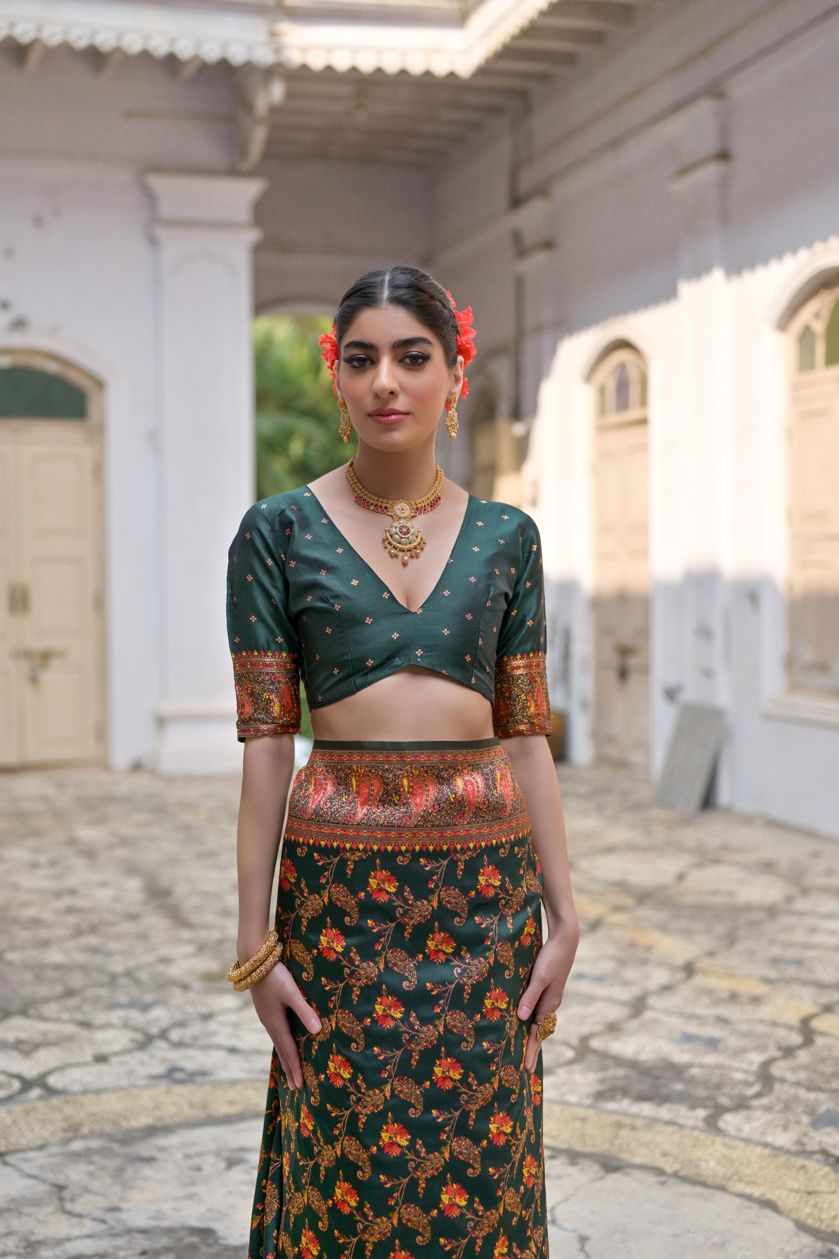 Bottle Green Soft Pashmina Silk Meena Zari Woven Saree with Blouse