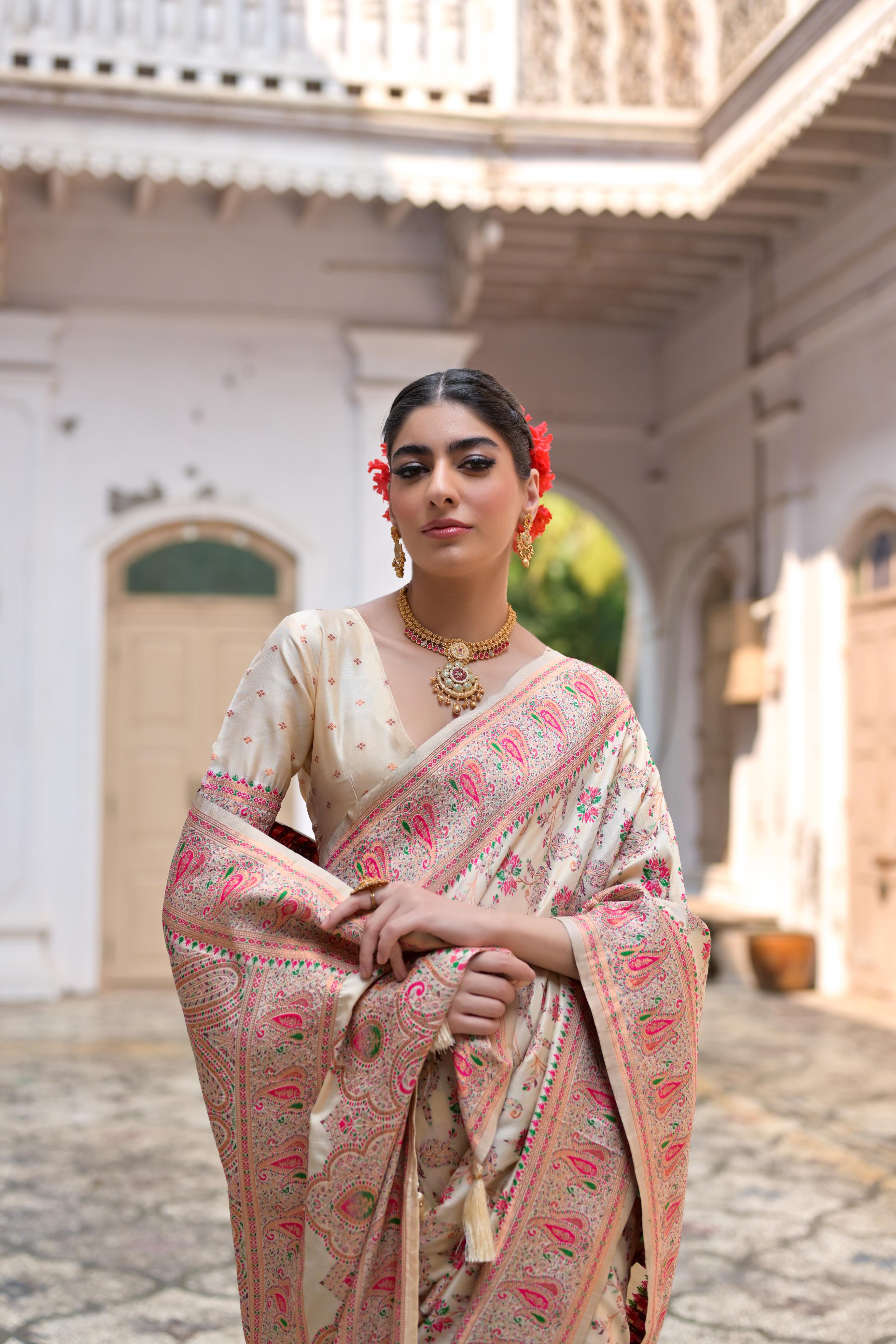 Cream Soft Pashmina Silk Meena Zari Woven Saree with Blouse