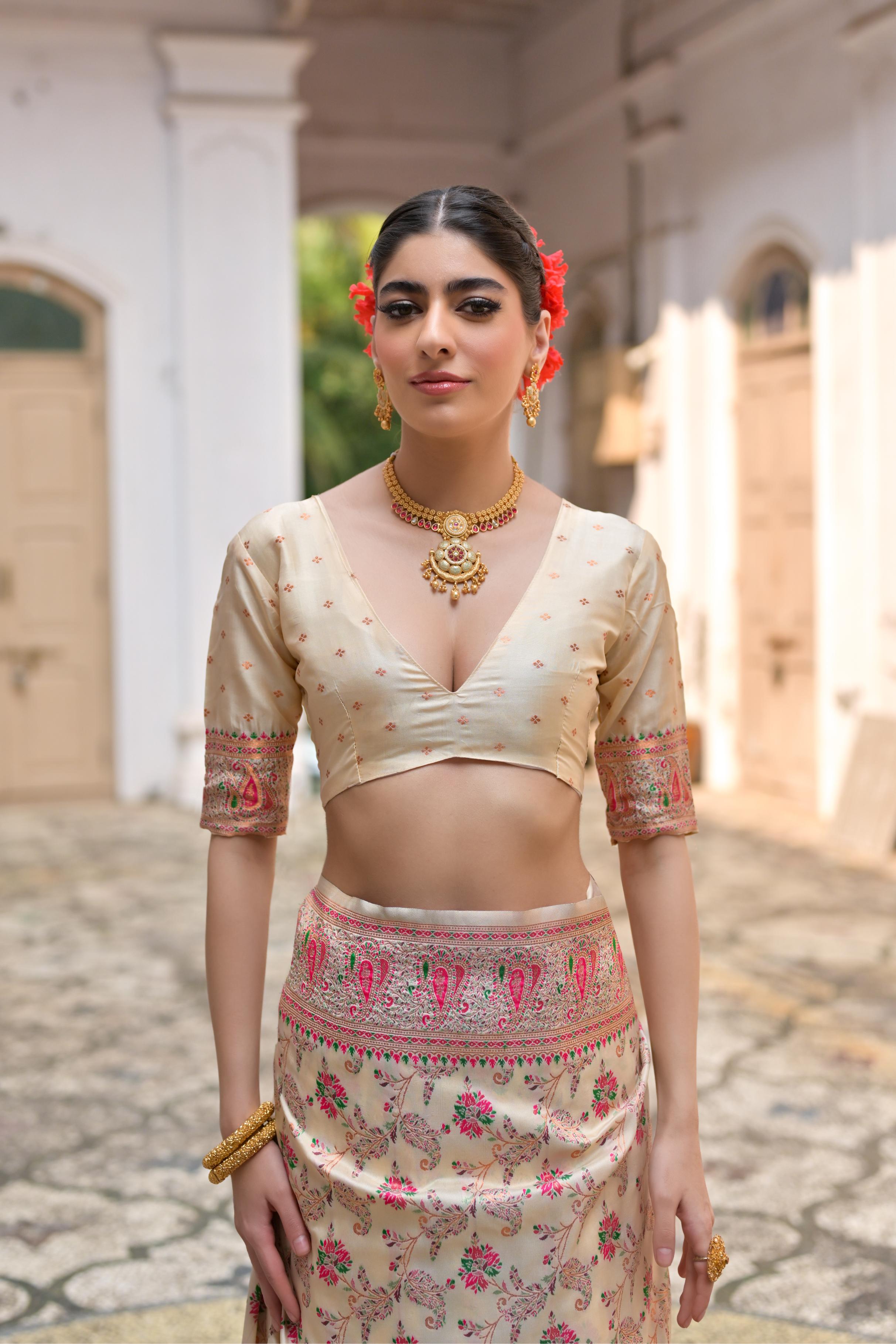 Cream Soft Pashmina Silk Meena Zari Woven Saree with Blouse