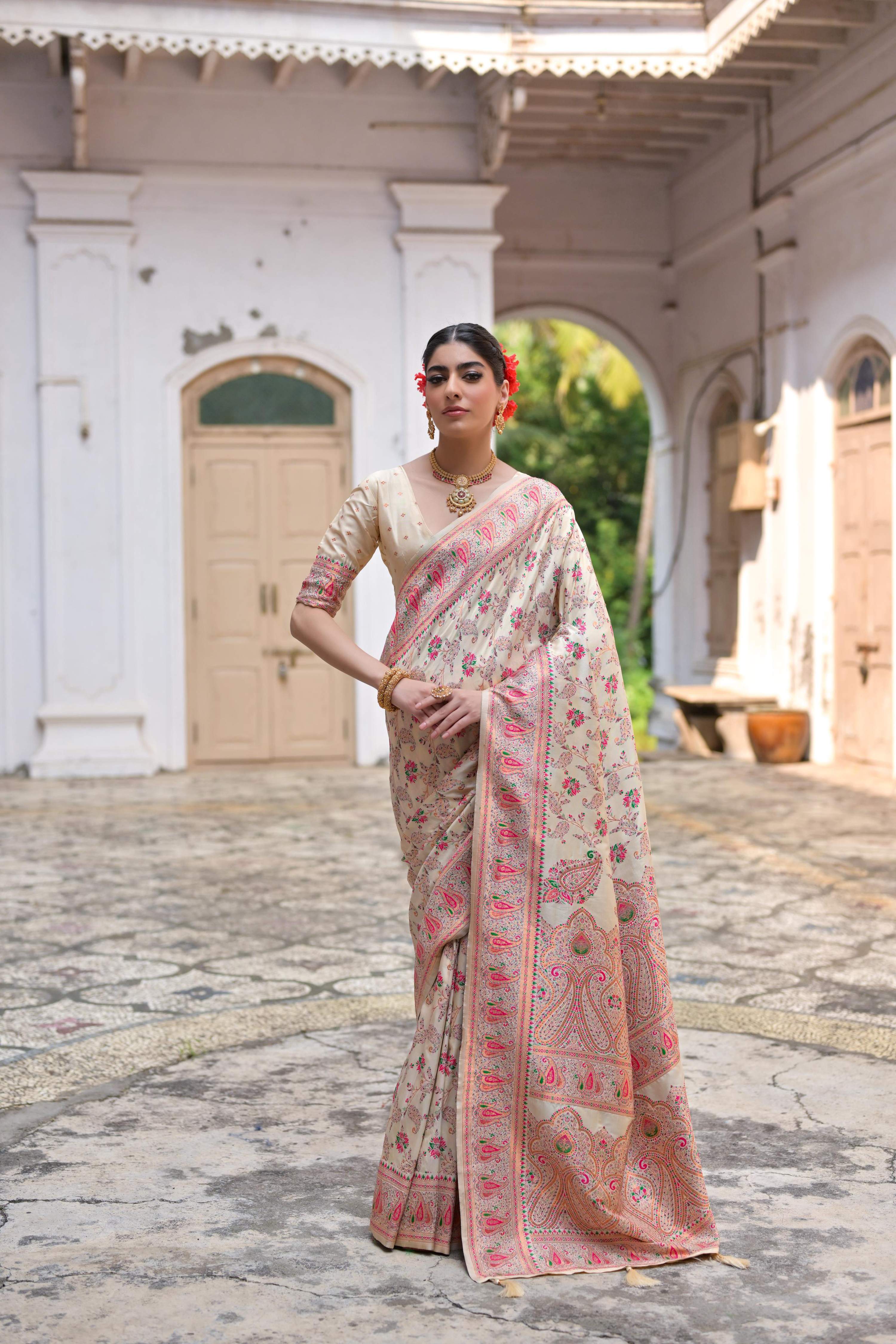 Cream Soft Pashmina Silk Meena Zari Woven Saree with Blouse