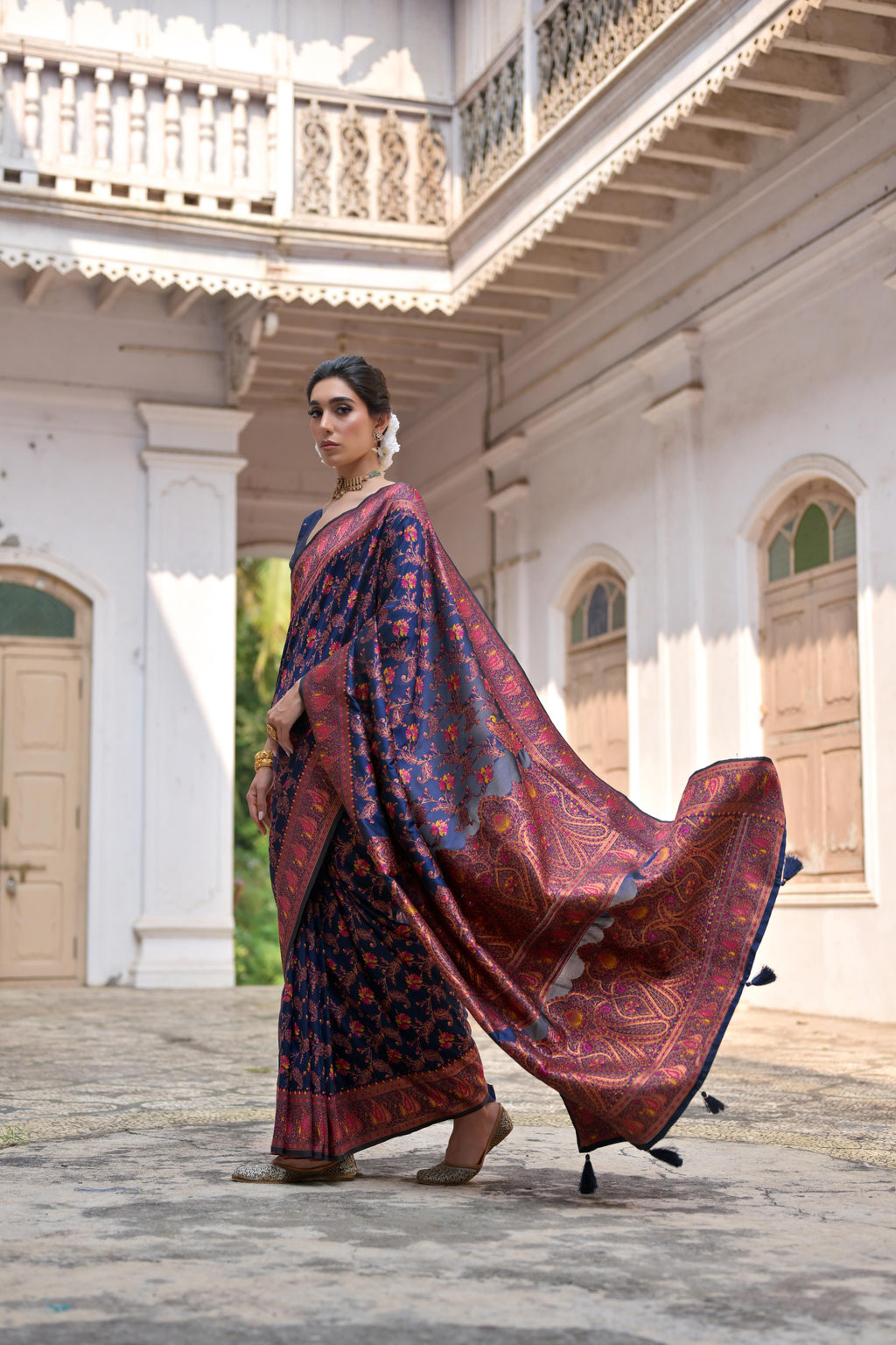 Navy Blue Soft Pashmina Silk Saree with Meena Zari and Blouse