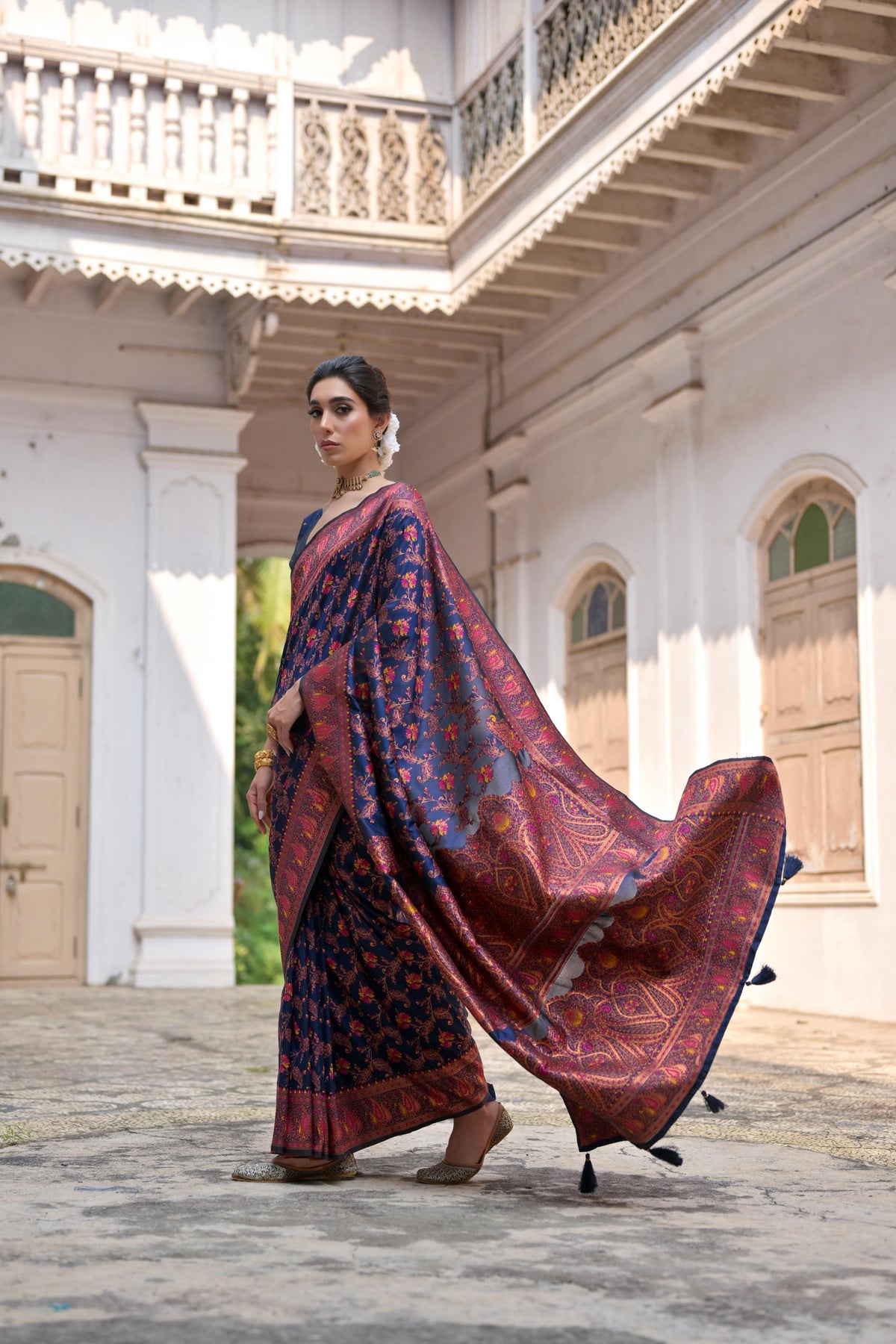 Navy Blue Soft Pashmina Silk Saree with Meena Zari and Blouse