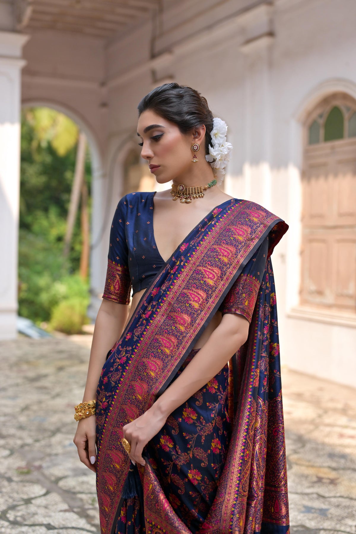 Navy Blue Soft Pashmina Silk Saree with Meena Zari and Blouse