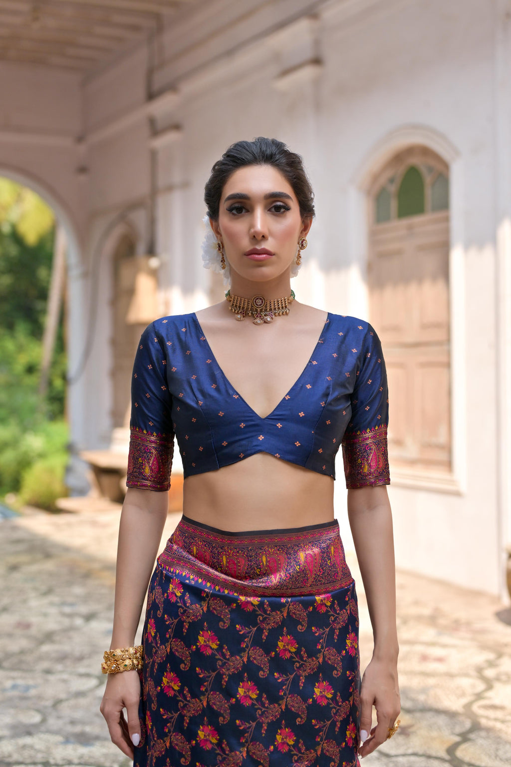 Navy Blue Soft Pashmina Silk Saree with Meena Zari and Blouse
