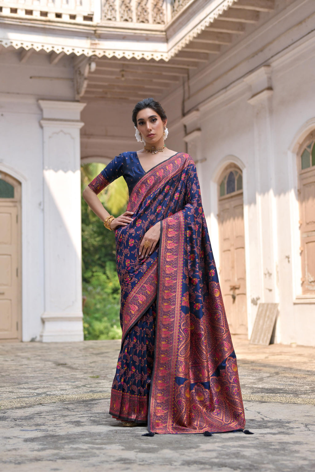 Navy Blue Soft Pashmina Silk Saree featuring detailed Meena Zari weaving and matching blouse