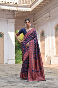 Navy Blue Soft Pashmina Silk Saree featuring detailed Meena Zari weaving and matching blouse