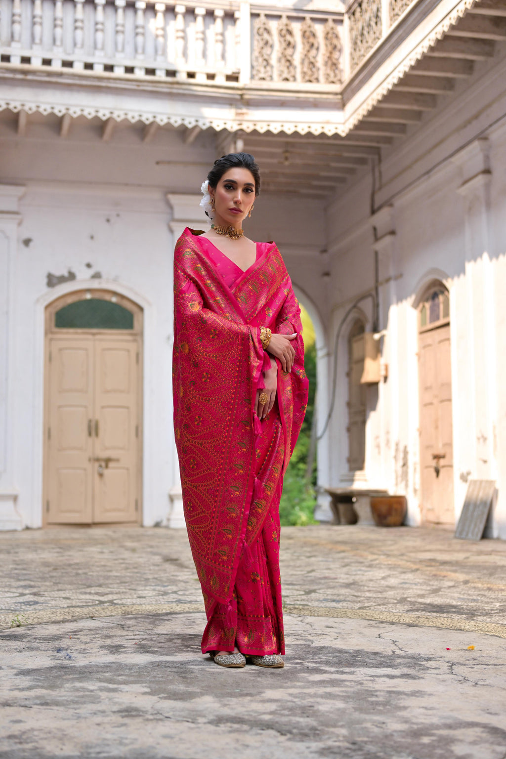 Pink Soft Pashmina Silk Saree with Meena Zari Weave & Blouse