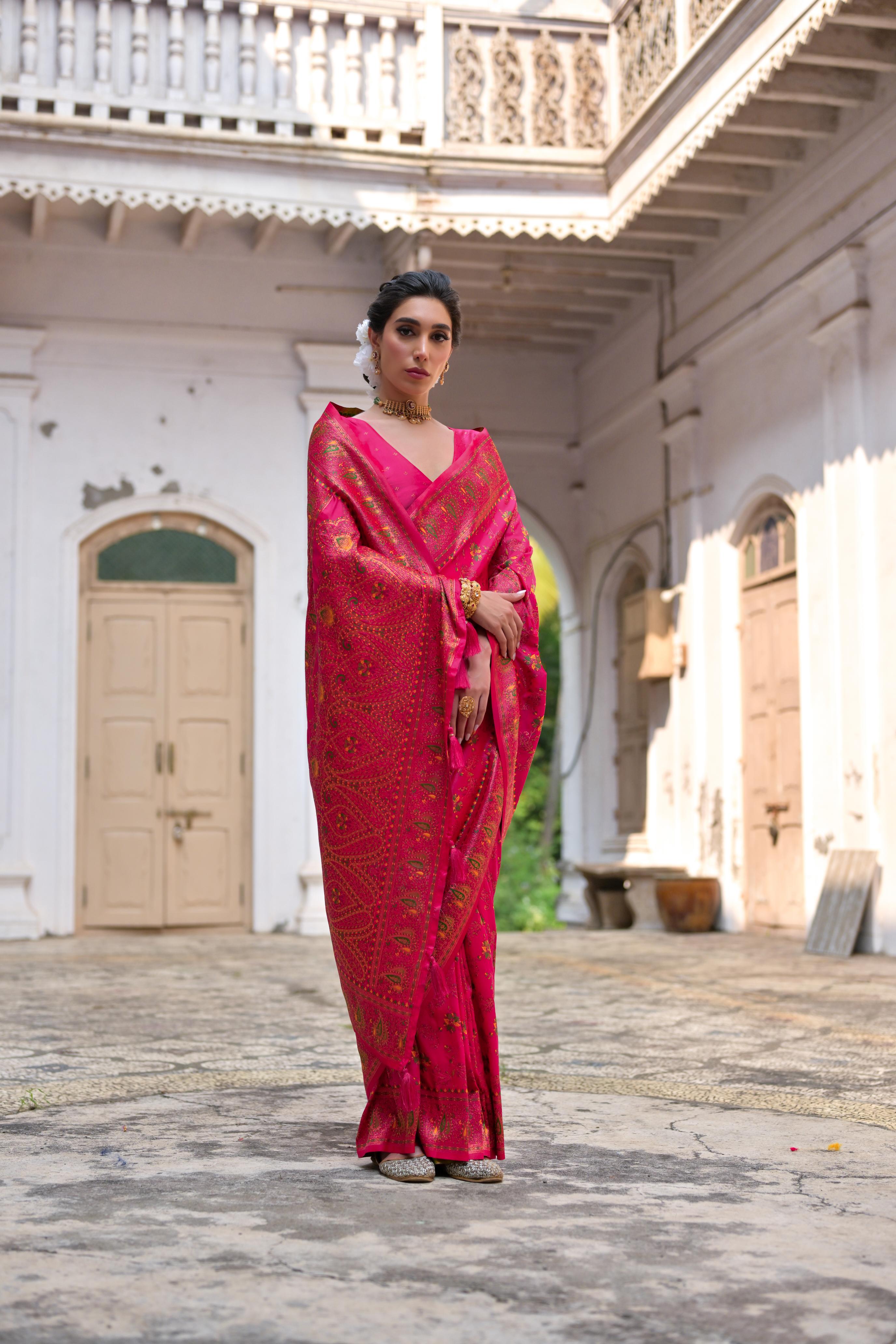 Pink Soft Pashmina Silk Saree with Meena Zari Weave & Blouse