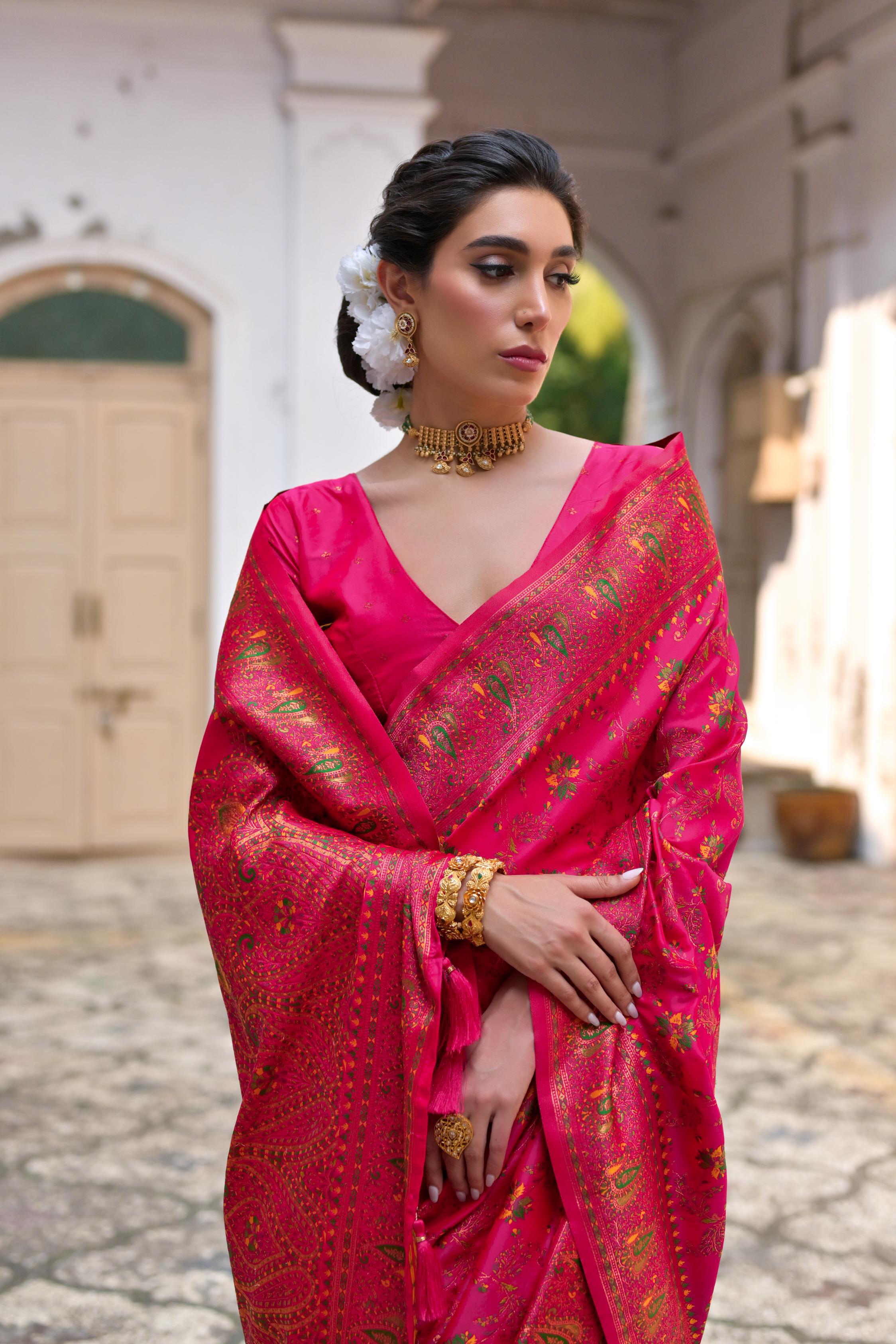 Pink Soft Pashmina Silk Saree with Meena Zari Weave & Blouse