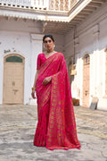 Elegant pink Pashmina silk saree with intricate Meena Zari woven patterns and unstitched blouse piece