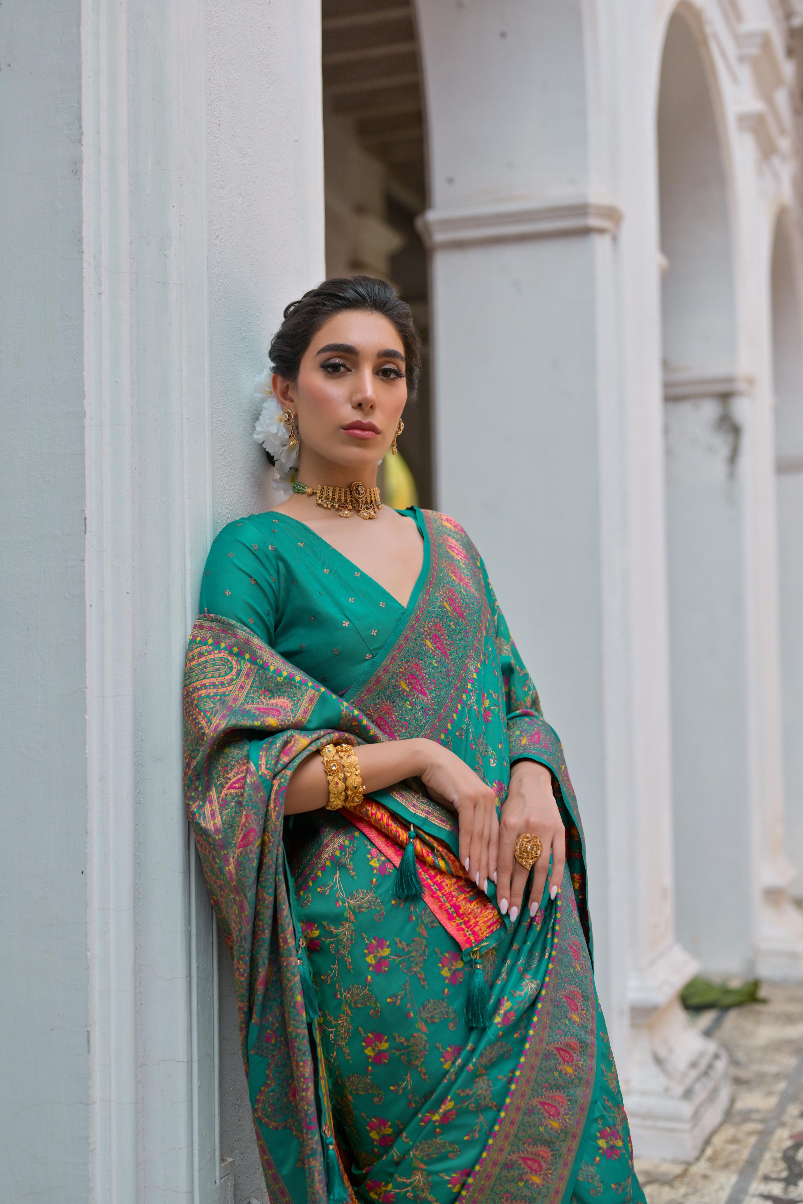 Rama Soft Pashmina Silk Saree with Meena Zari Weave and Blouse