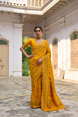 Yellow soft Pashmina silk saree with intricate Meena Zari weaving and matching blouse