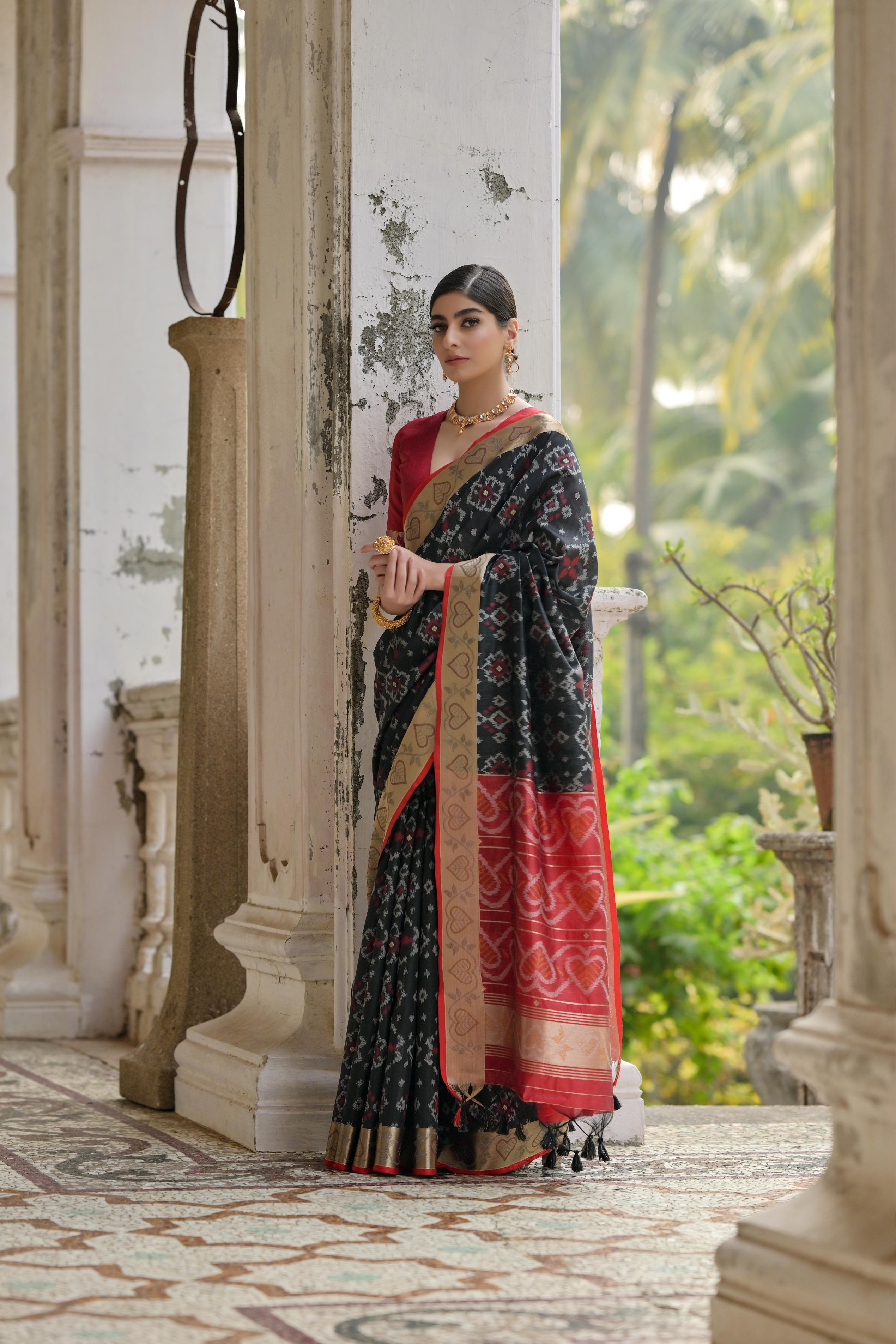 Black Soft Raw Silk Zari Woven Saree with Blouse Piece