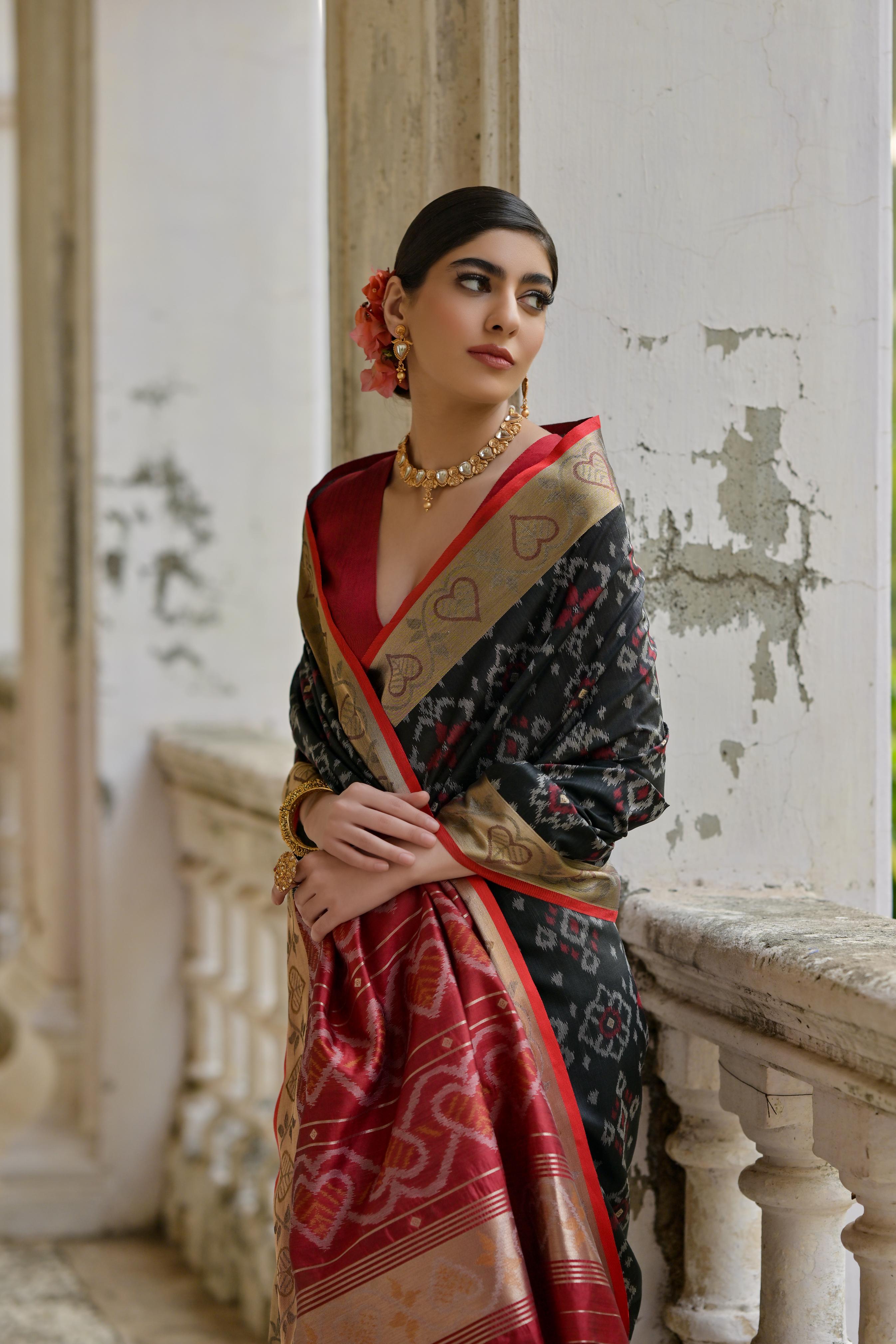 Black Soft Raw Silk Zari Woven Saree with Blouse Piece