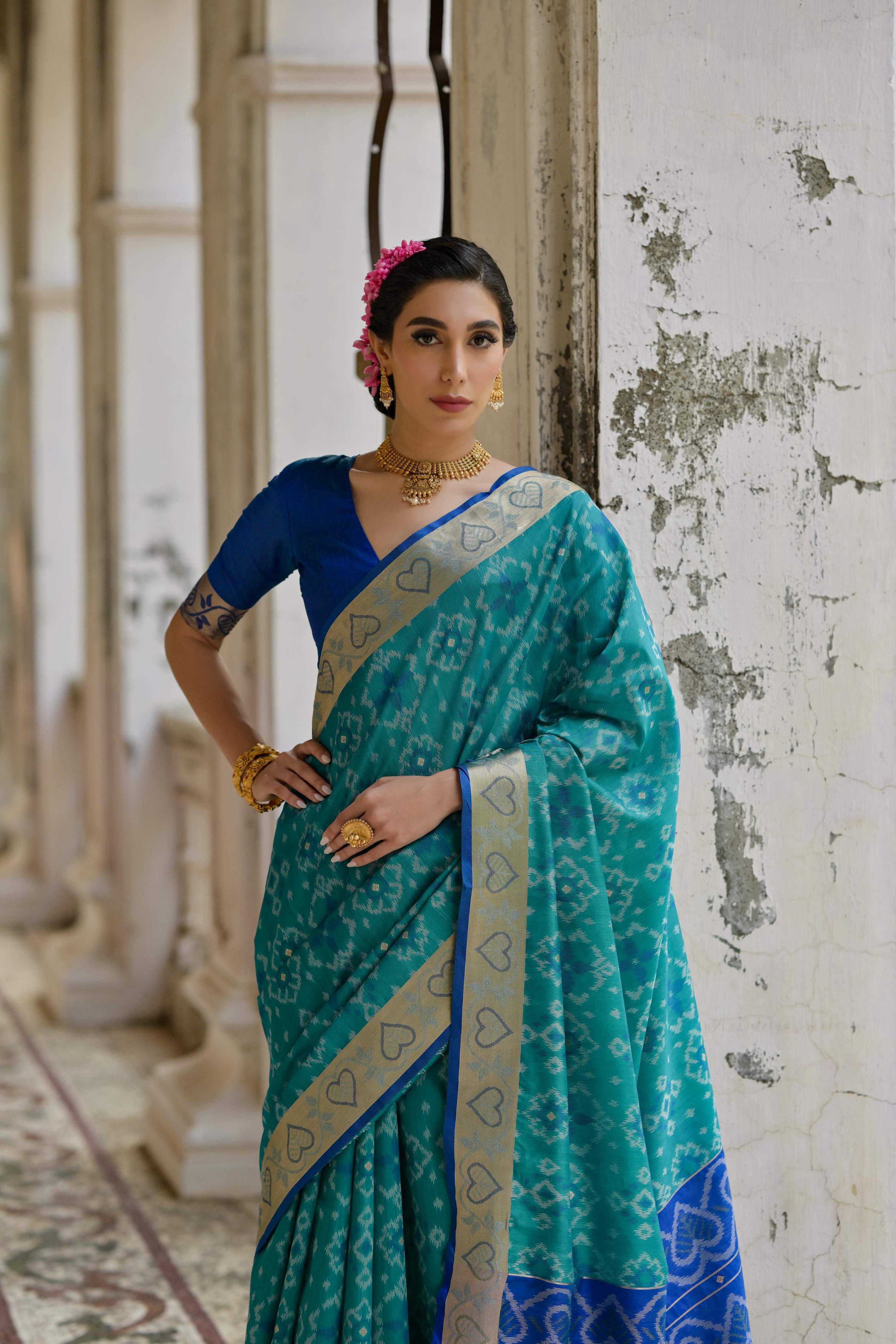 Firozi Soft Raw Silk Zari Woven Saree with Matching Blouse