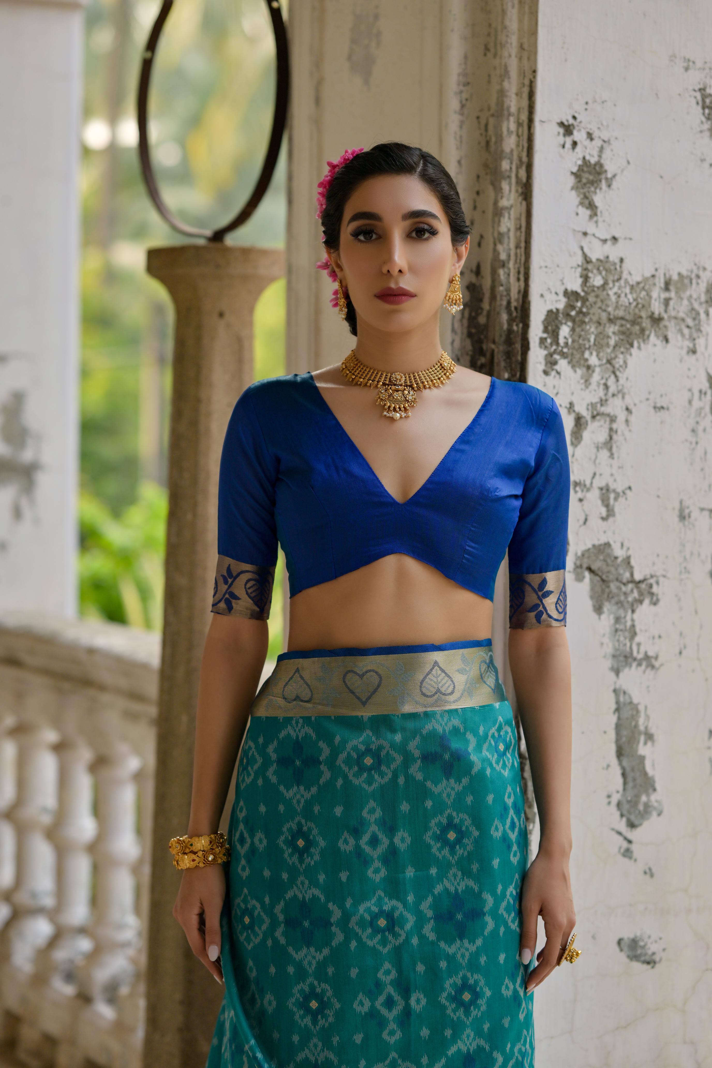 Firozi Soft Raw Silk Zari Woven Saree with Matching Blouse