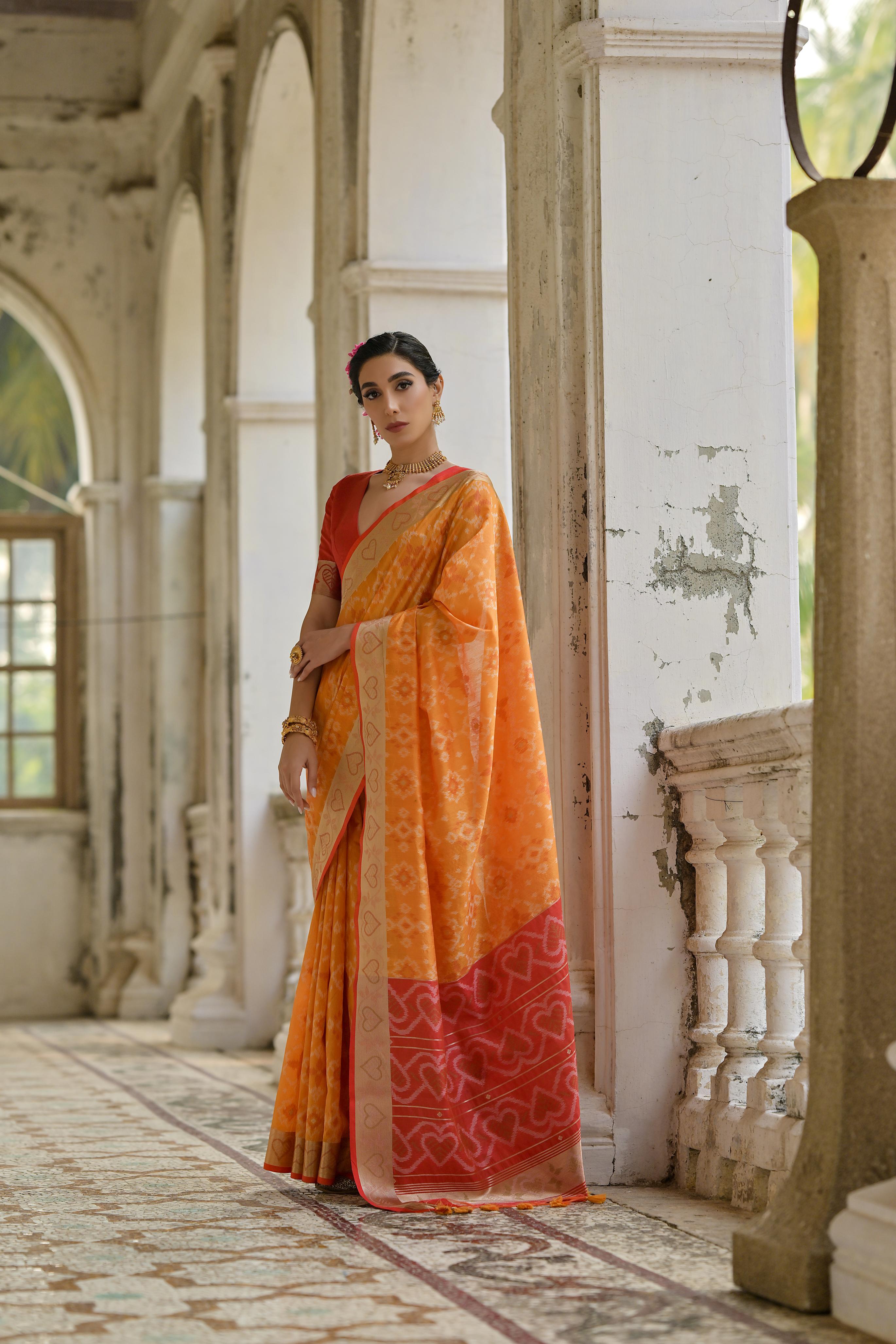 Women's Orange Soft Raw Silk Zari Woven Saree with Blouse